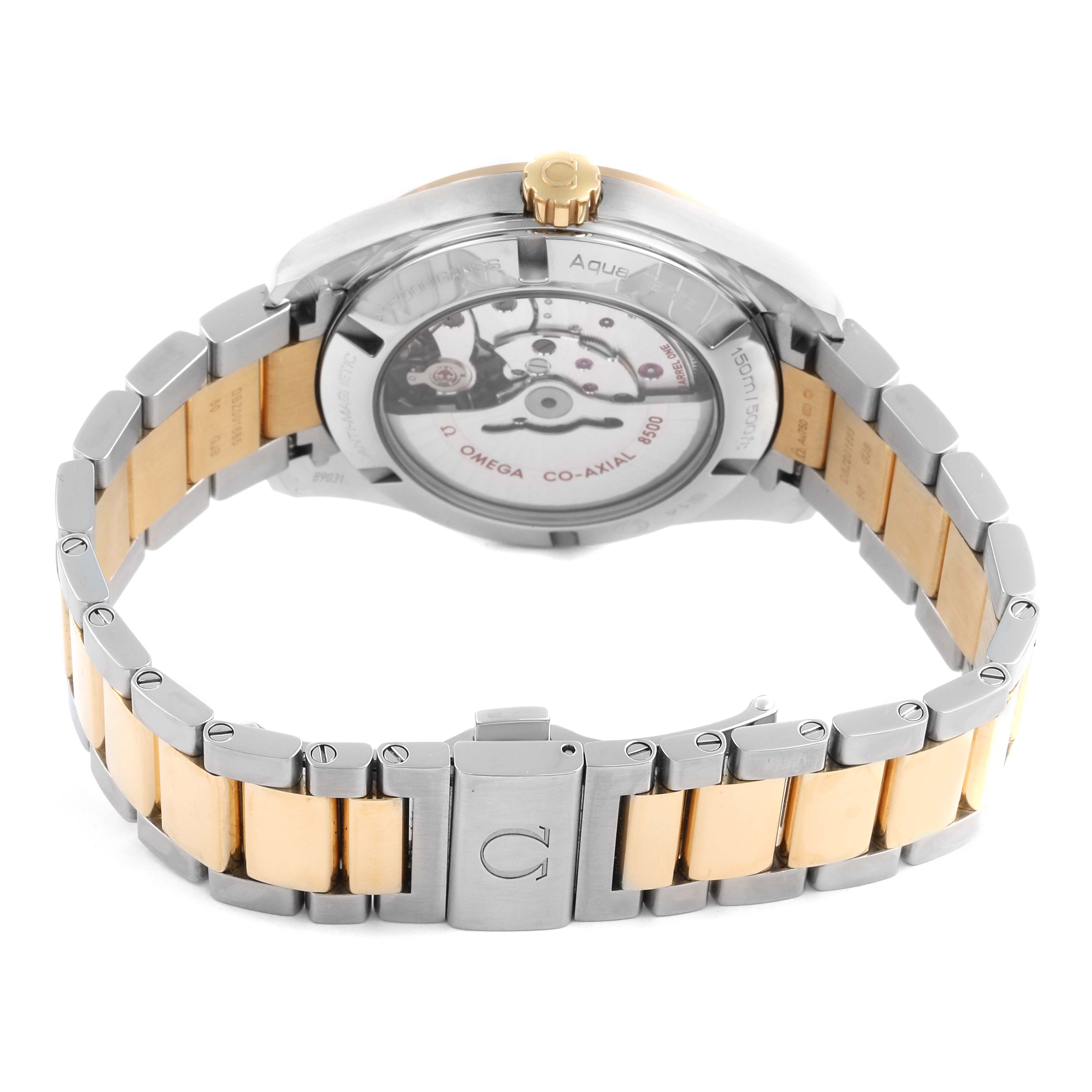 The image shows the back case and bracelet of the Omega Seamaster watch, highlighting the visible movement and clasp.