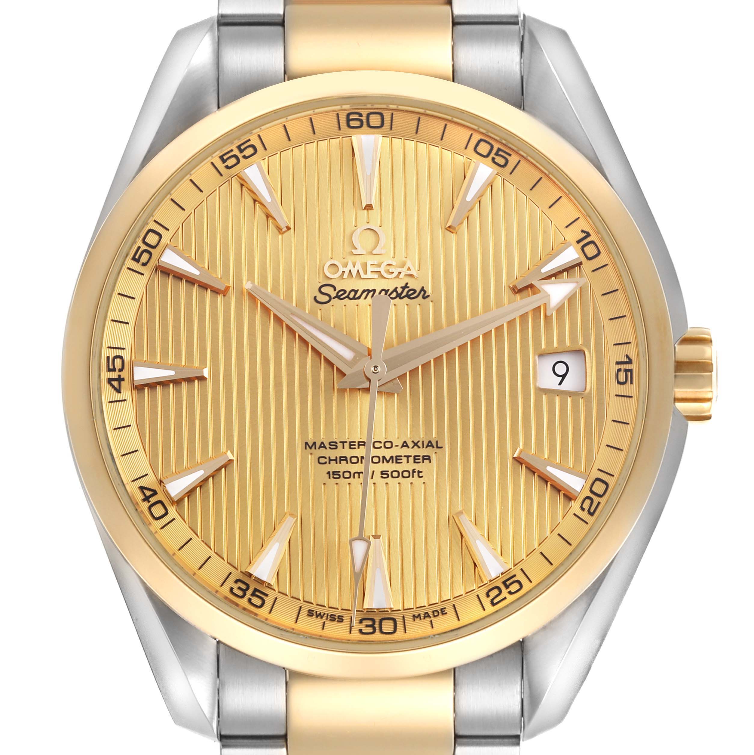 The Omega Seamaster watch is shown from a front angle, highlighting the dial, bezel, and part of the bracelet.
