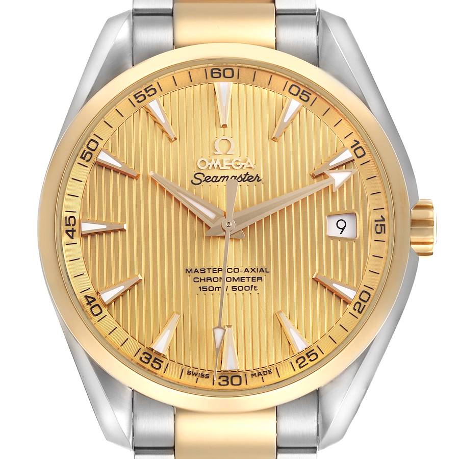 The Omega Seamaster watch is shown from a front angle, highlighting the dial, bezel, and part of the bracelet.