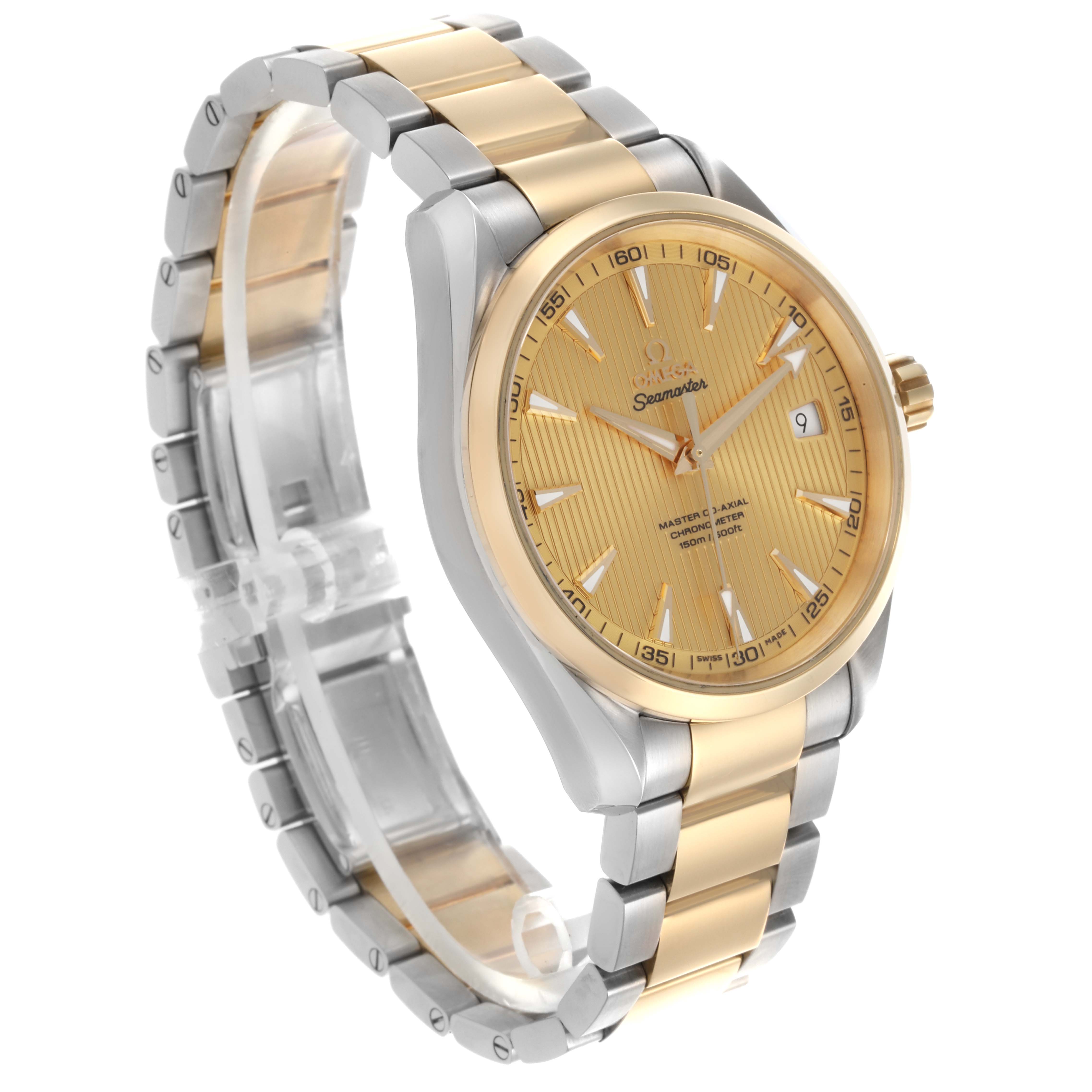 The Omega Seamaster watch is shown at a slight angle highlighting the face, bezel, and bracelet.