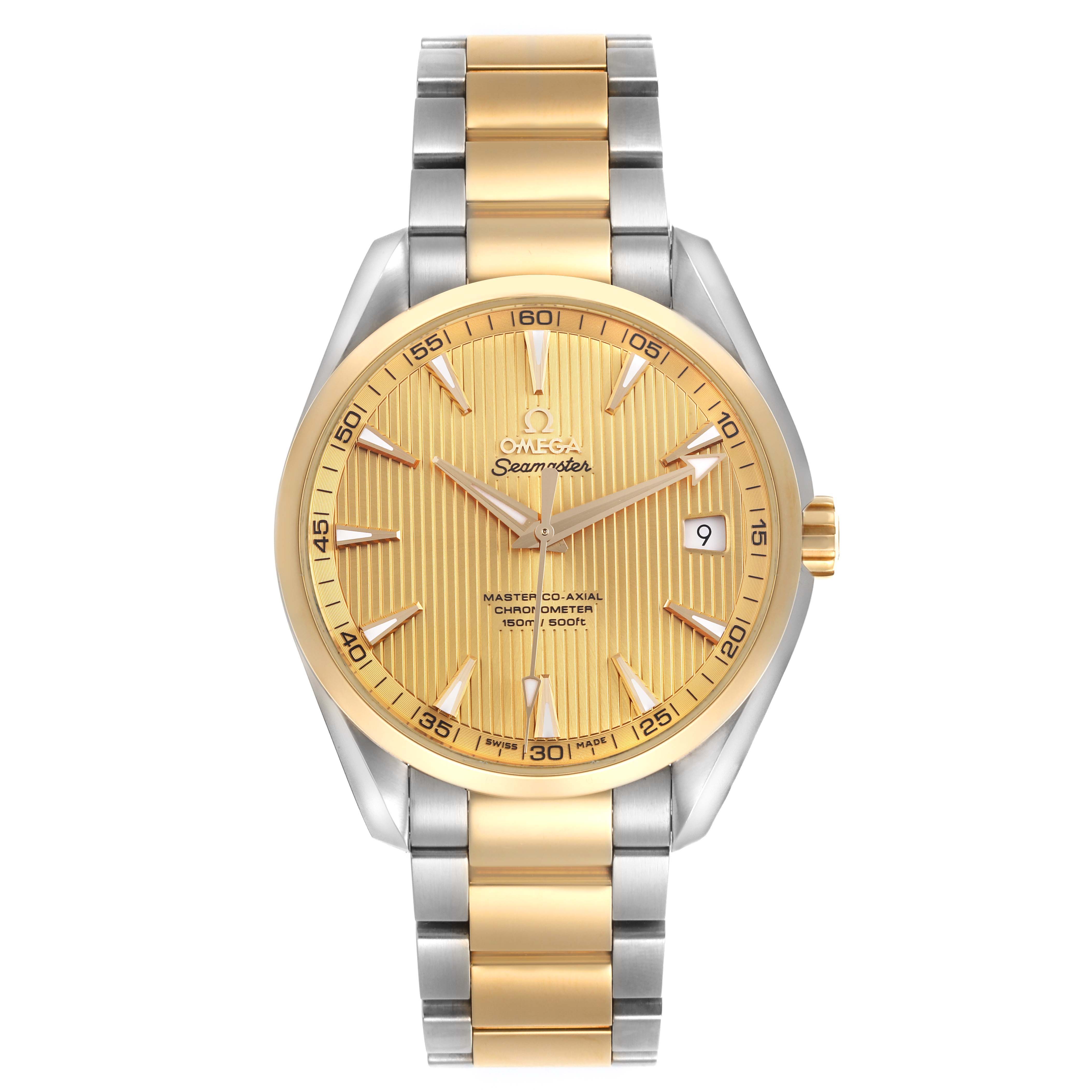 The Omega Seamaster watch is shown from the front, displaying its gold dial and two-tone bracelet.