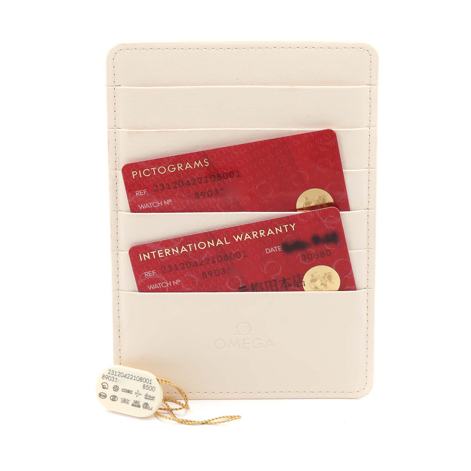 The image shows Omega Seamaster model cards in a wallet: Pictograms and International Warranty with a hang tag.