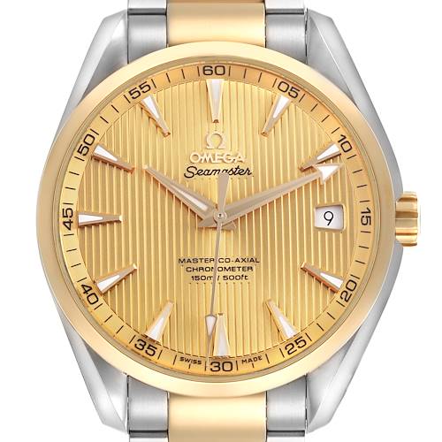 The Omega Seamaster watch is shown from the front, highlighting the face, bezel, and part of the bracelet.