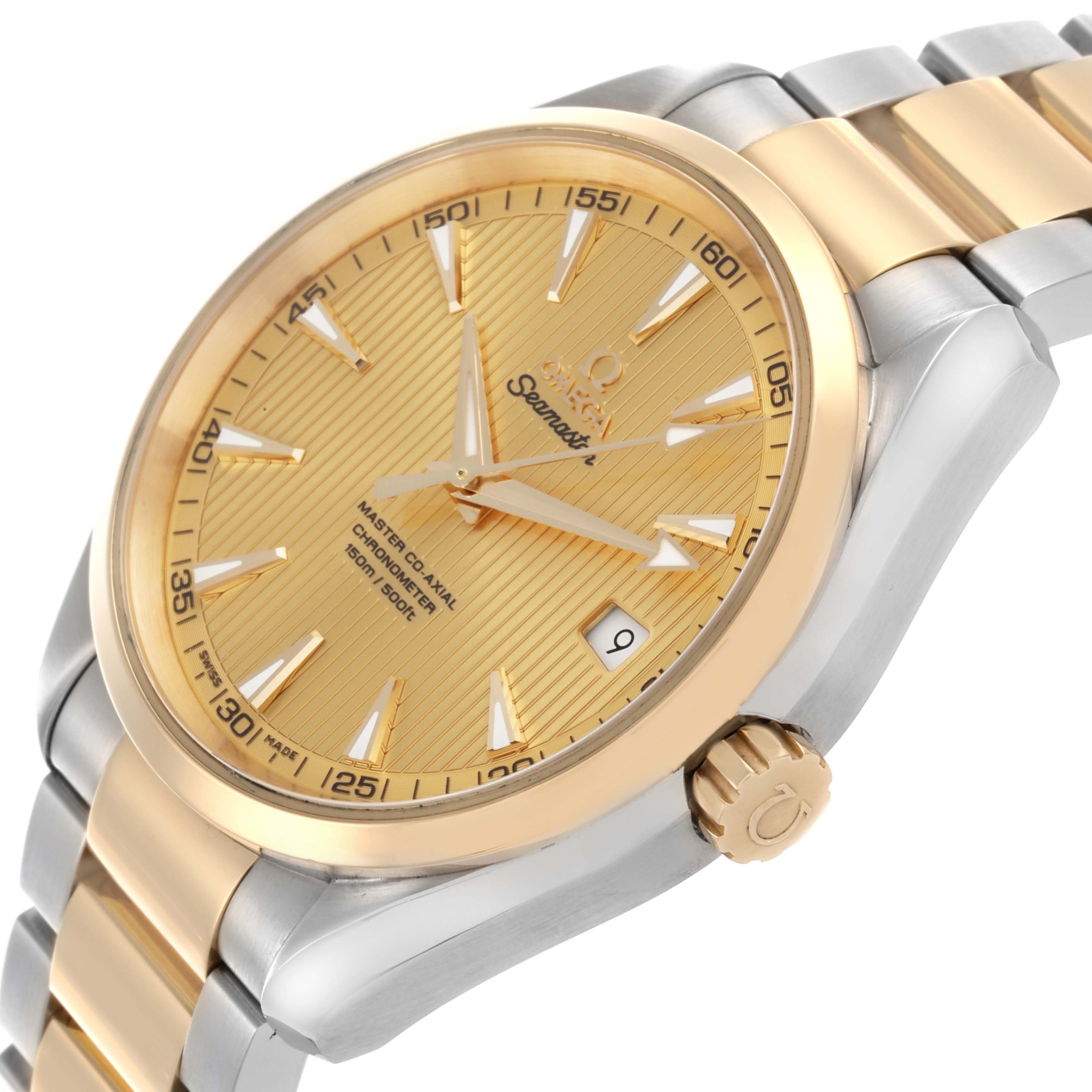 The Omega Seamaster watch is shown at an angled view, highlighting the gold dial, bezel, bracelet, and crown with a date display.