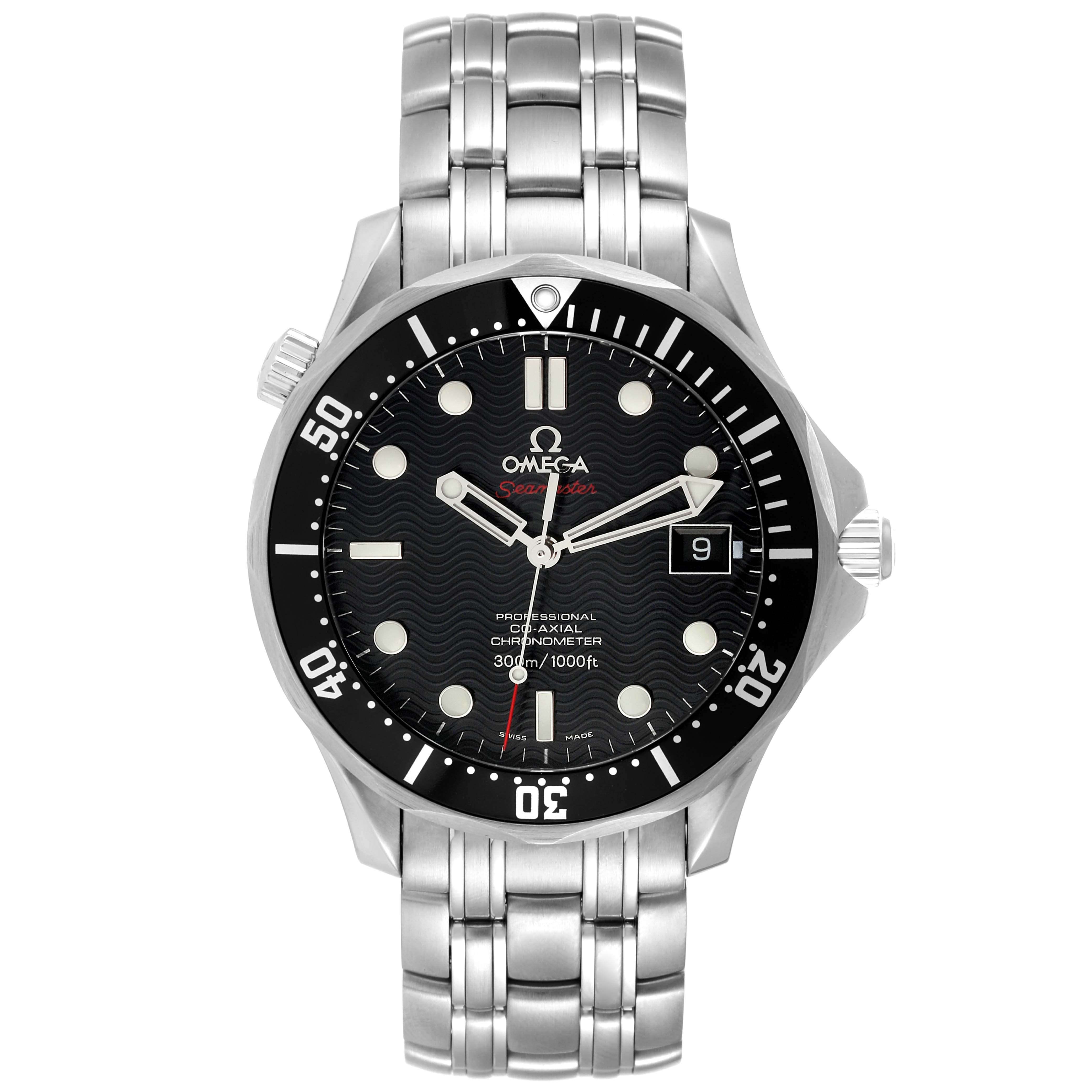 The image shows a frontal view of the Omega Seamaster 212.30.41.20.01.002 Men
s Stainless Steel Black Dial 212.30.41.20.01.002 Men
s Stainless Steel Black Dial watch, displaying its face, bezel, crown, bracelet, and date window.