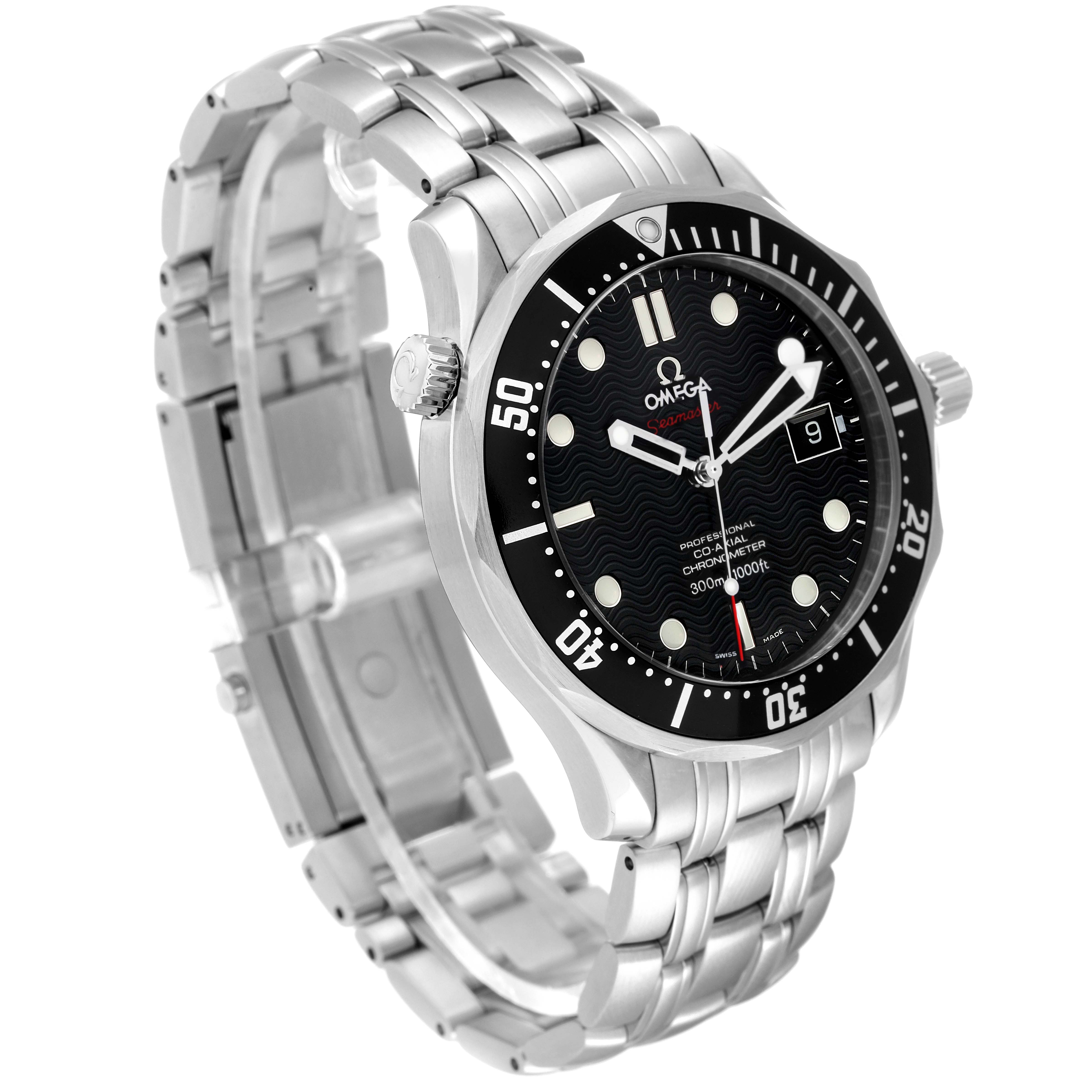 The image shows an angled view of an Omega Seamaster 212.30.41.20.01.002 Men
s Stainless Steel Black Dial 212.30.41.20.01.002 Men
s Stainless Steel Black Dial watch, highlighting its face, bezel, and metal bracelet.