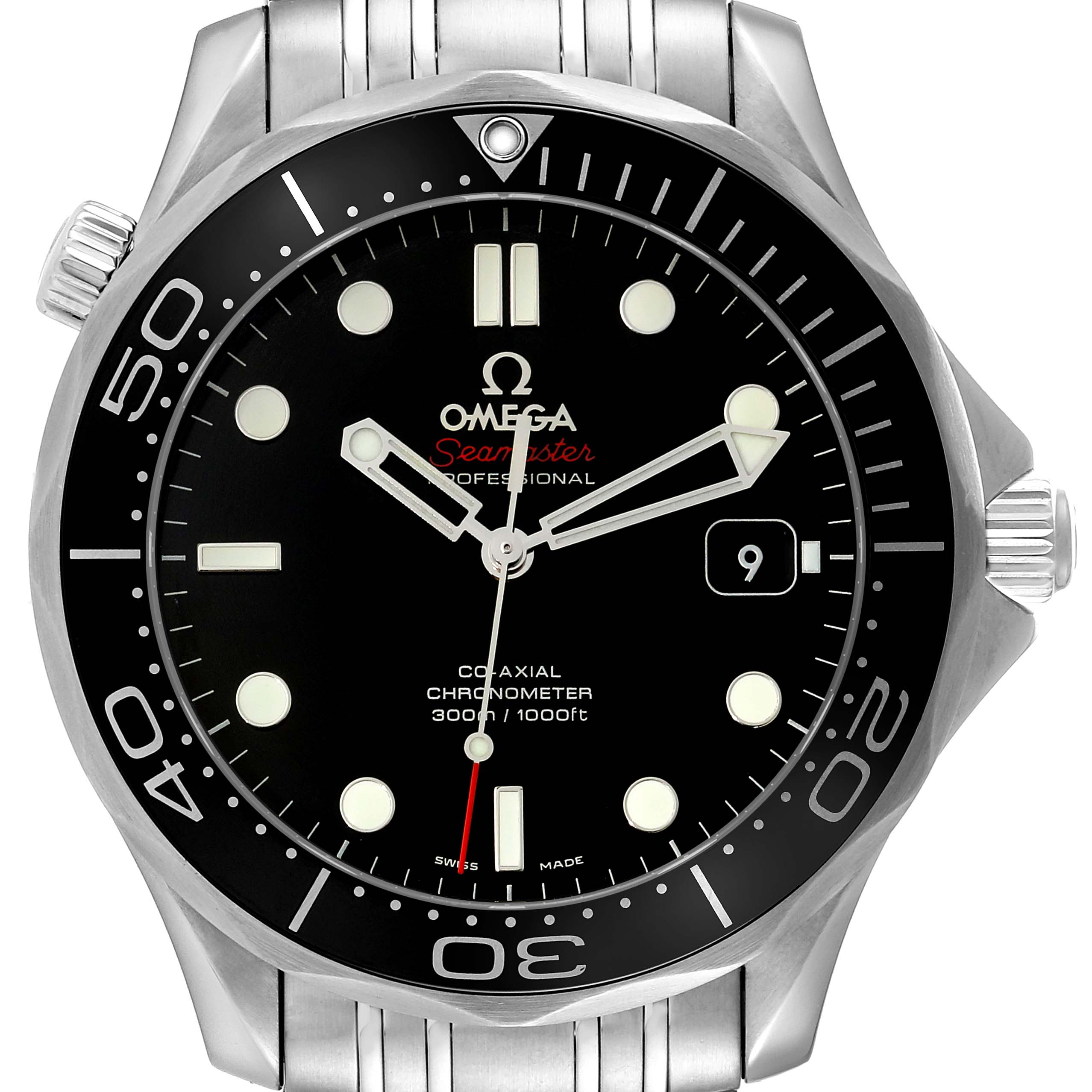 The image shows a frontal view of an Omega Seamaster 212.30.41.20.01.003 Men's Stainless Steel Black Dial 212.30.41.20.01.003 Men's Stainless Steel Black Dial watch, displaying the dial, bezel, and part of the bracelet.