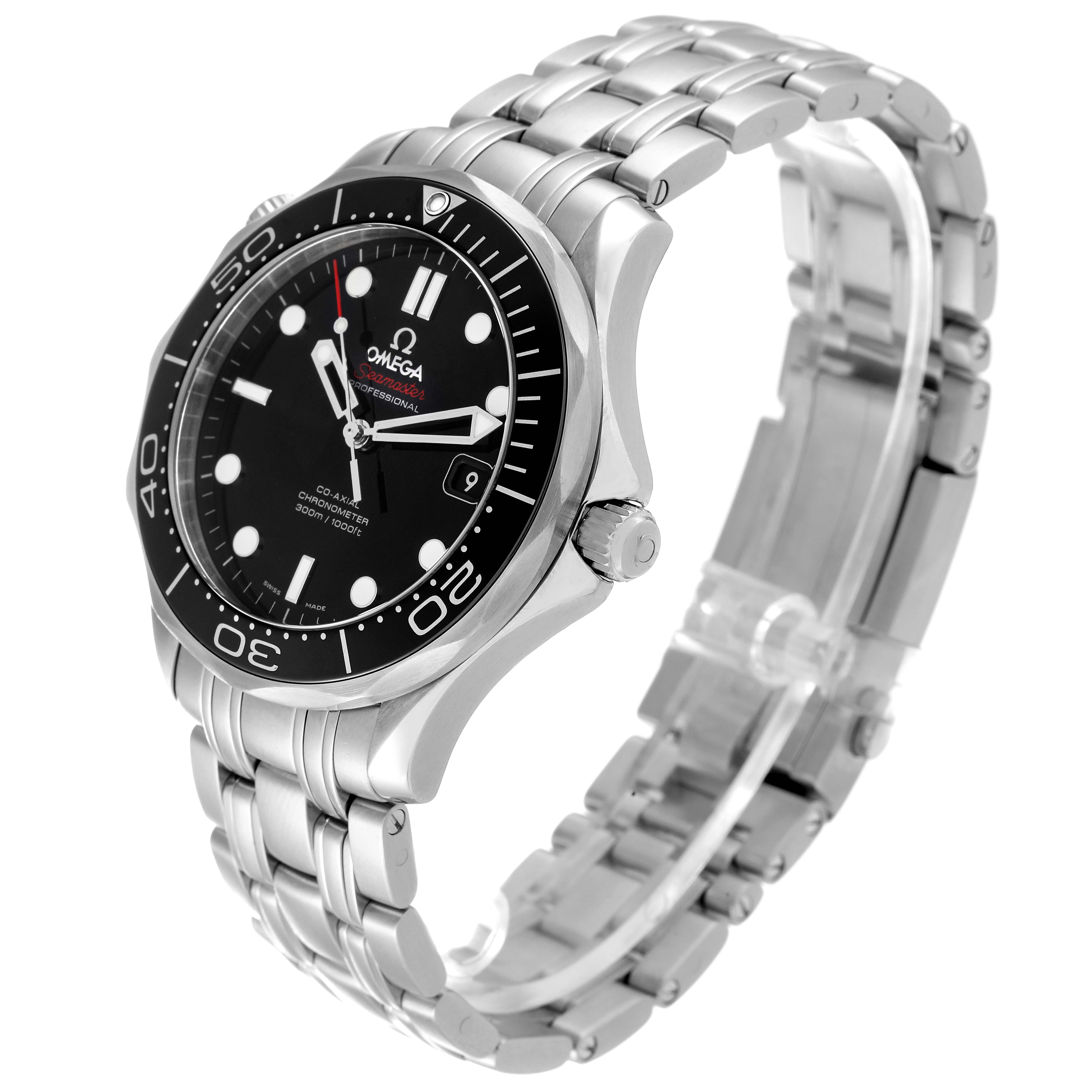 This image shows an angled view of the Omega Seamaster 212.30.41.20.01.003 Men's Stainless Steel Black Dial 212.30.41.20.01.003 Men's Stainless Steel Black Dial watch, highlighting the dial, bezel, crown, and stainless steel bracelet.