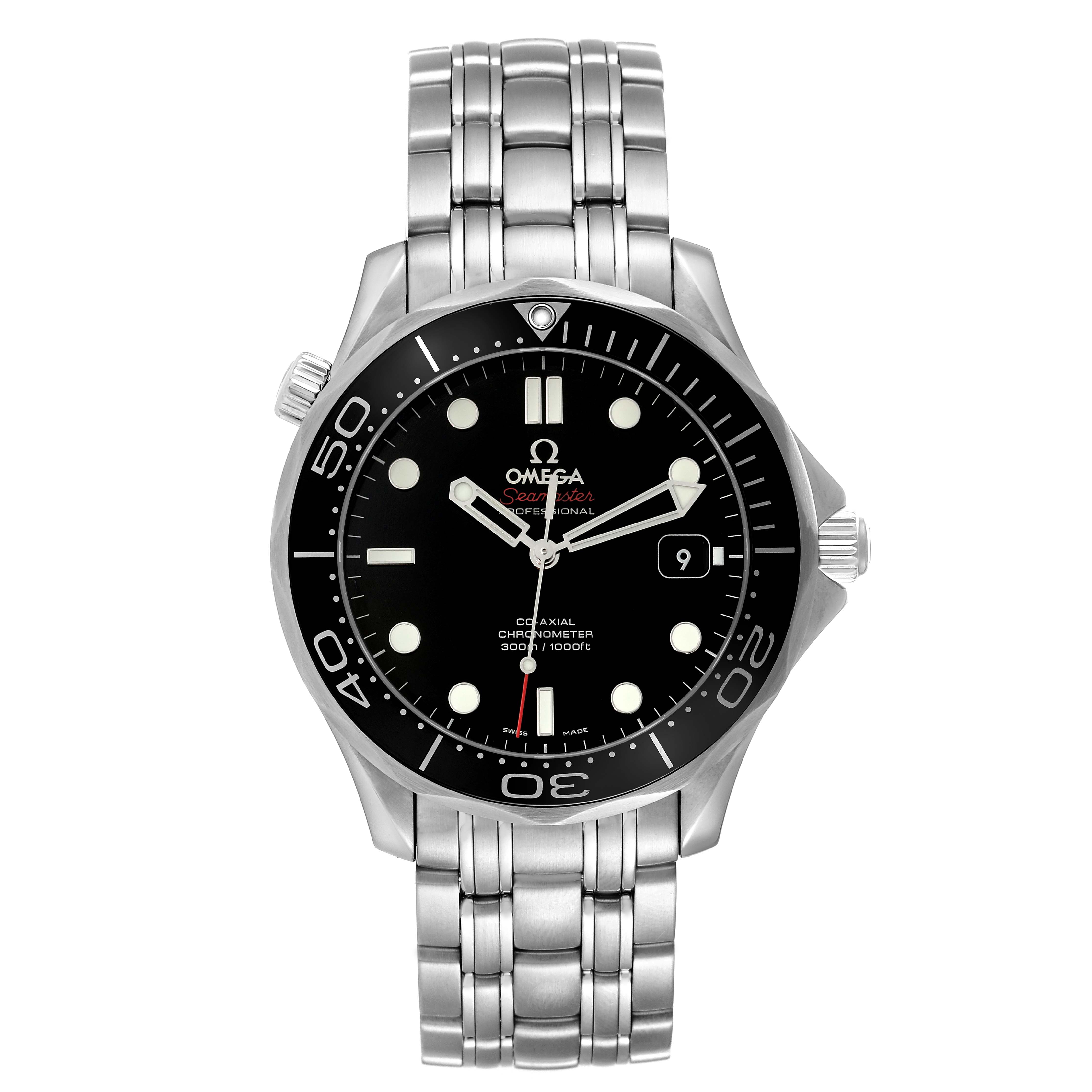 This image shows a front view of the Omega Seamaster 212.30.41.20.01.003 Men's Stainless Steel Black Dial 212.30.41.20.01.003 Men's Stainless Steel Black Dial watch, highlighting the dial, bezel, hands, and bracelet.