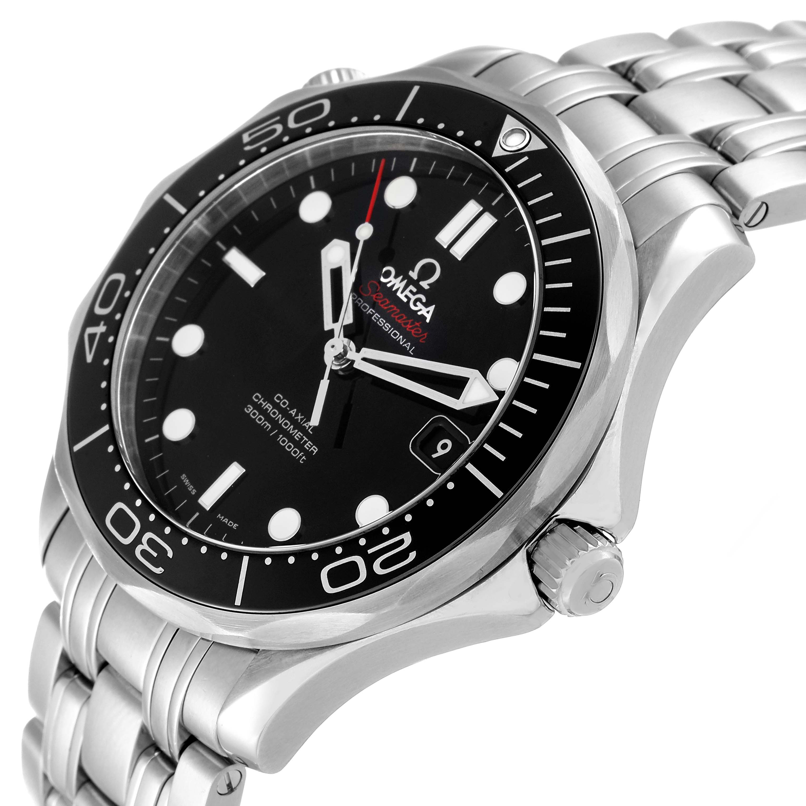 The image shows an angled view of the Omega Seamaster 212.30.41.20.01.003 Men's Stainless Steel Black Dial 212.30.41.20.01.003 Men's Stainless Steel Black Dial watch, highlighting its face, bezel, crown, and part of the bracelet.