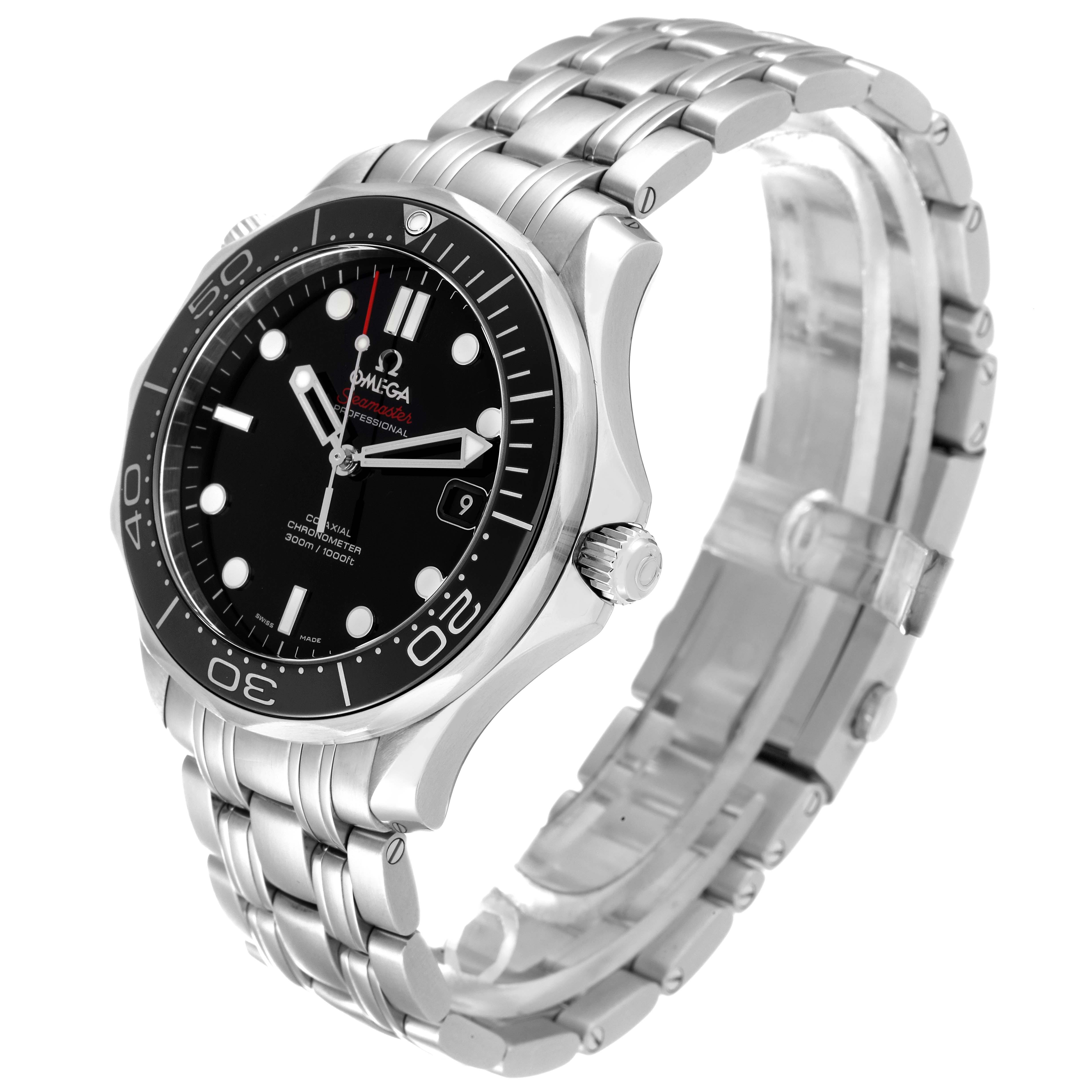 The image shows a side view of the Omega Seamaster 212.30.41.20.01.003 Men's Stainless Steel Black Dial 212.30.41.20.01.003 Men's Stainless Steel Black Dial watch, featuring the case, bezel, dial, hands, and bracelet.