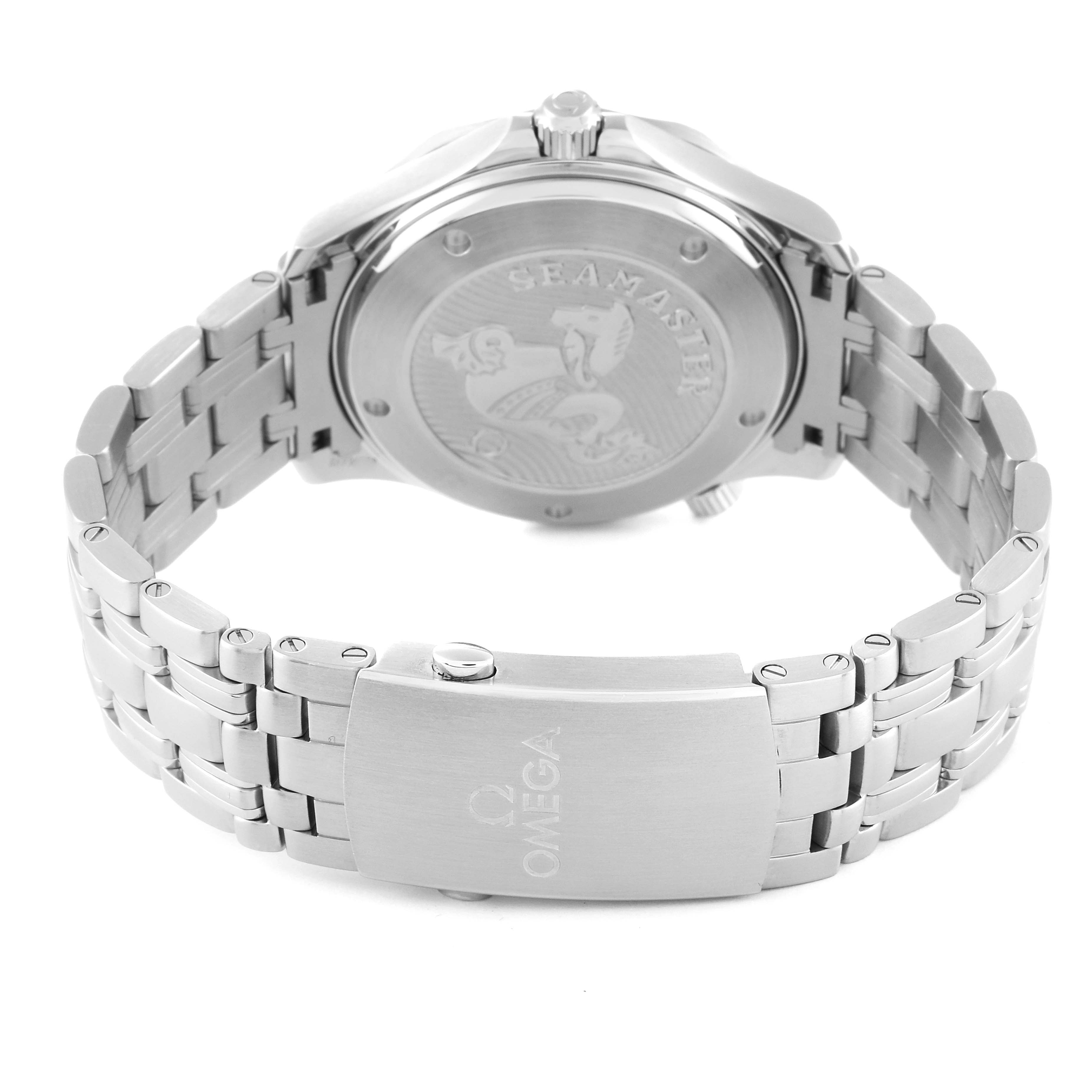 The image shows an Omega Seamaster 212.30.41.20.01.003 Men's Stainless Steel Black Dial 212.30.41.20.01.003 Men's Stainless Steel Black Dial watch from the back, highlighting the case back and bracelet with the clasp visible.