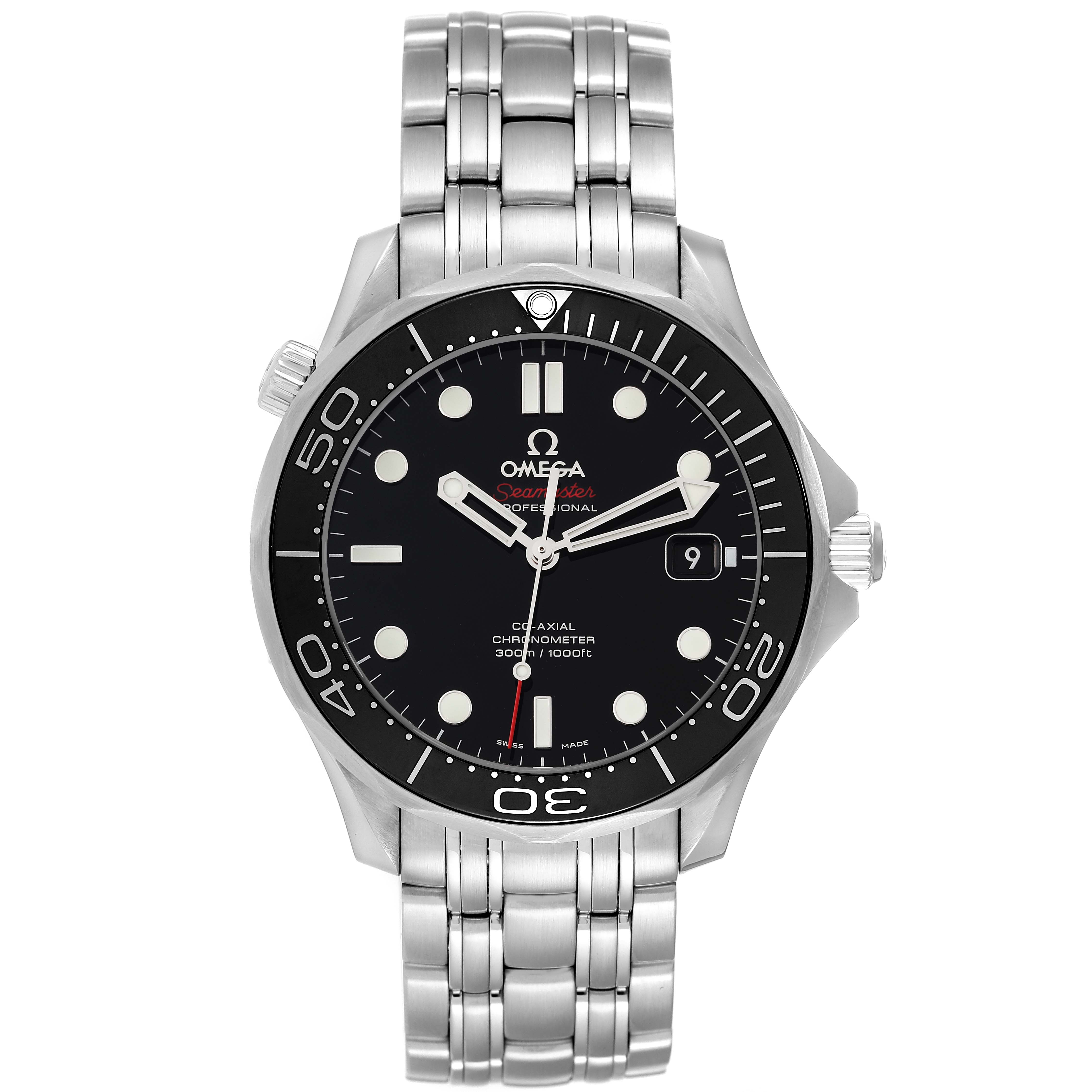 The image shows a front-facing view of an Omega Seamaster 212.30.41.20.01.003 Men's Stainless Steel Black Dial 212.30.41.20.01.003 Men's Stainless Steel Black Dial watch, highlighting its dial, bezel, and stainless steel bracelet.