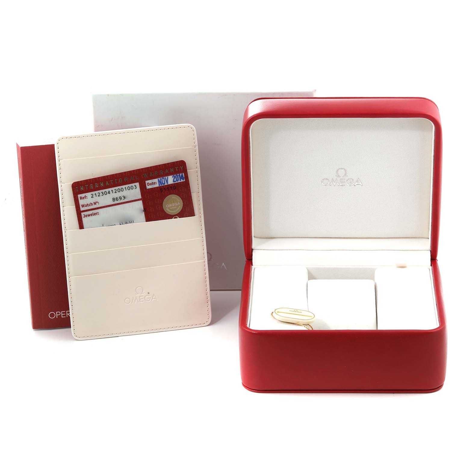 The image shows the Omega Seamaster 212.30.41.20.01.003 Men's Stainless Steel Black Dial 212.30.41.20.01.003 Men's Stainless Steel Black Dial watch's box, warranty card, and a booklet.