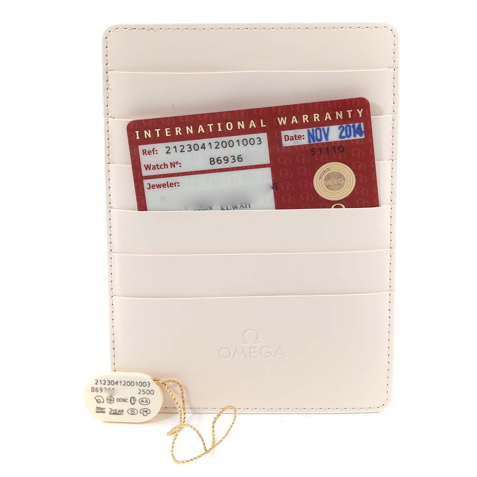 The image shows an Omega Seamaster 212.30.41.20.01.003 Men's Stainless Steel Black Dial 212.30.41.20.01.003 Men's Stainless Steel Black Dial International Warranty card in a holder, along with a tag containing the model and serial number.