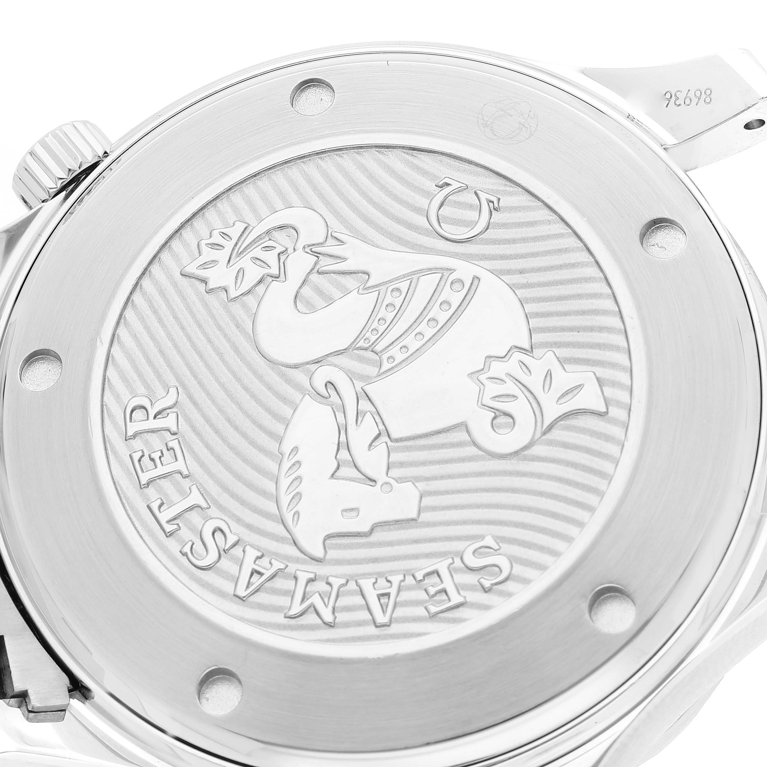 The image shows the back case of an Omega Seamaster 212.30.41.20.01.003 Men's Stainless Steel Black Dial 212.30.41.20.01.003 Men's Stainless Steel Black Dial watch, highlighting its engraved design and brand details.