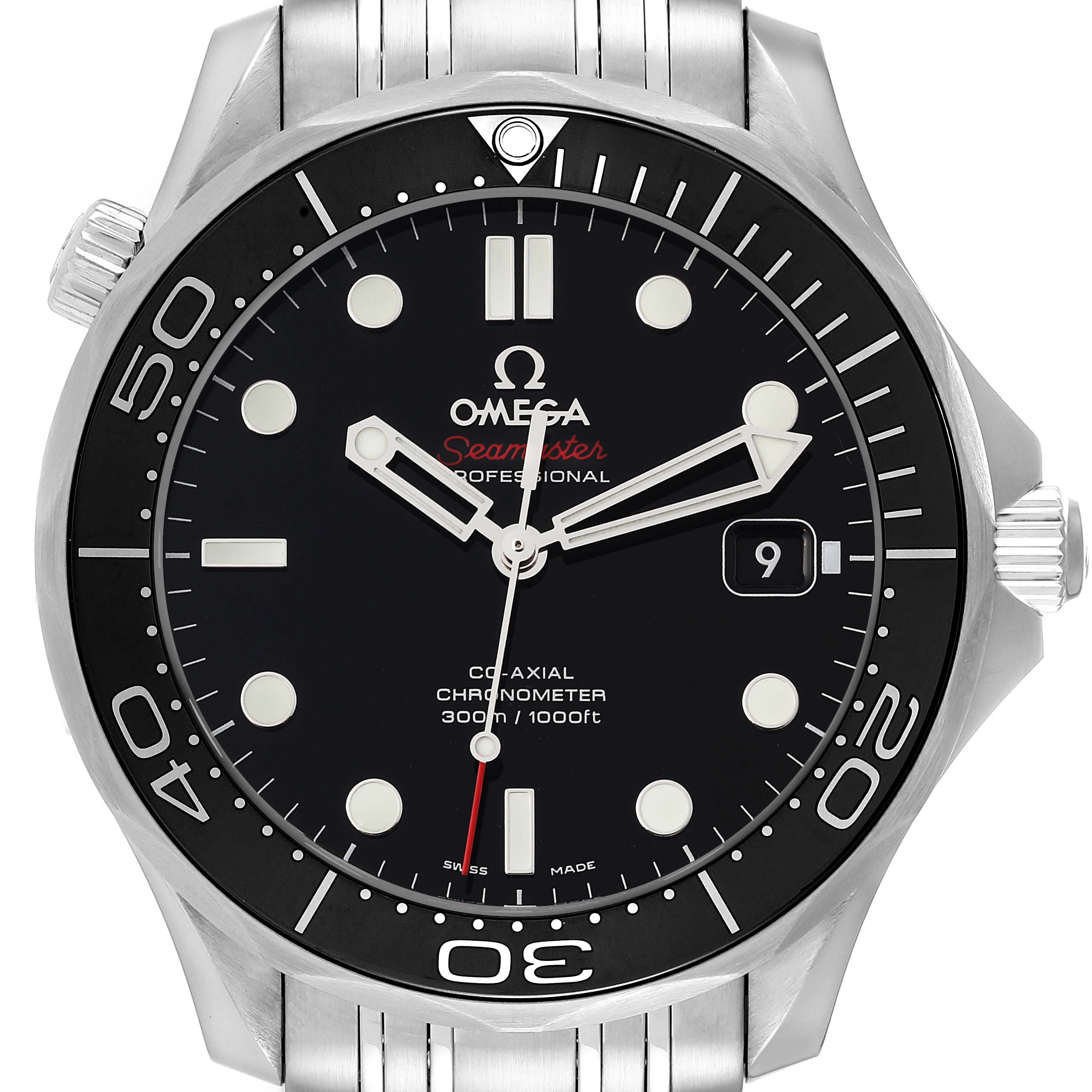 This image shows a front view of the Omega Seamaster 212.30.41.20.01.003 Men's Stainless Steel Black Dial 212.30.41.20.01.003 Men's Stainless Steel Black Dial watch, highlighting the dial, hands, date window, bezel, and part of the bracelet.