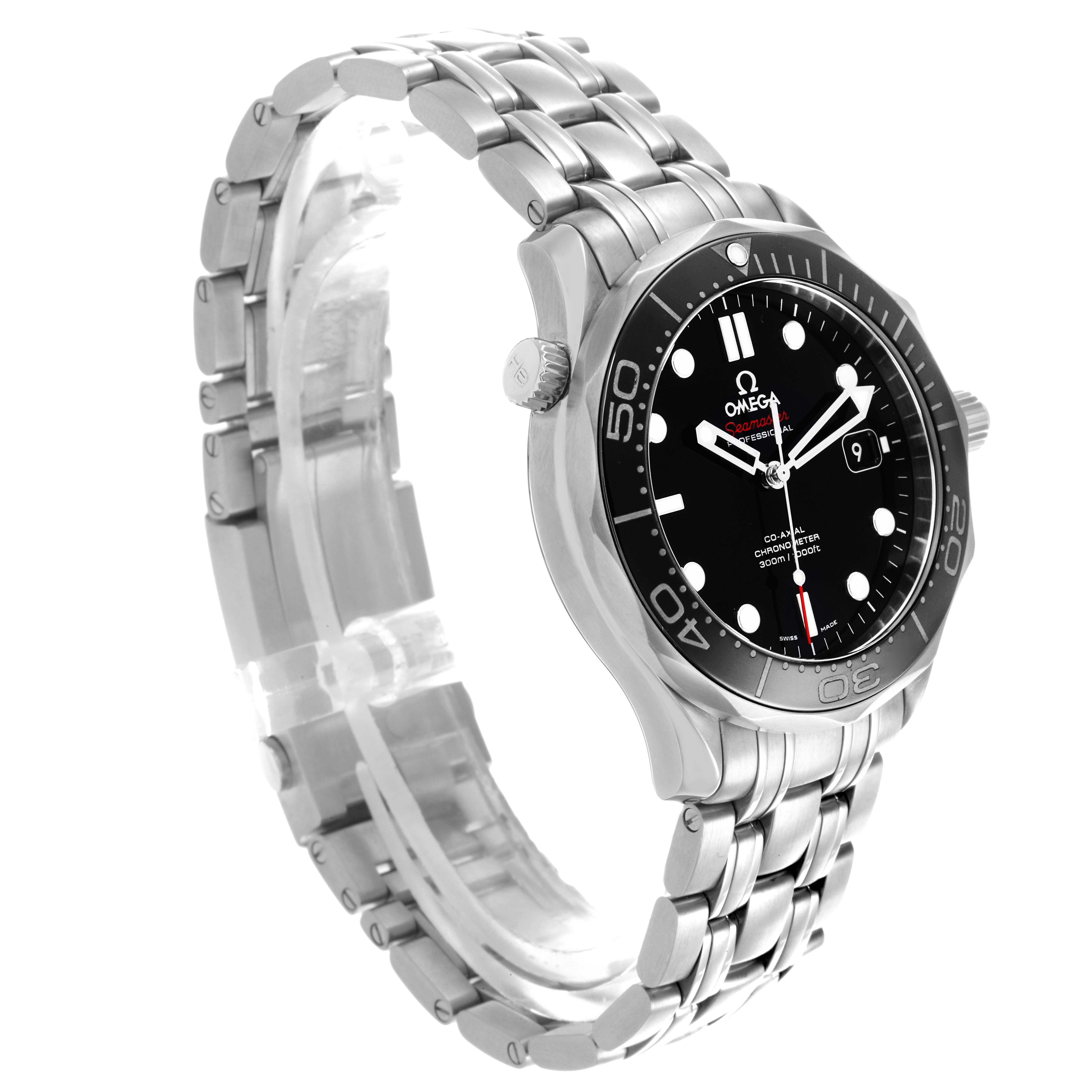 The Omega Seamaster 212.30.41.20.01.003 Men
s Stainless Steel Black Dial 212.30.41.20.01.003 Men
s Stainless Steel Black Dial watch is shown at an angle highlighting the face, bezel, and stainless steel bracelet.