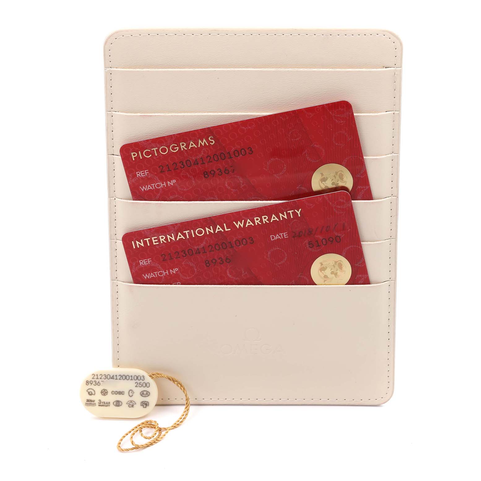 The image shows Omega Seamaster 212.30.41.20.01.003 Men
s Stainless Steel Black Dial 212.30.41.20.01.003 Men
s Stainless Steel Black Dial warranty and pictogram cards in a cardholder, along with a tag displaying model details.