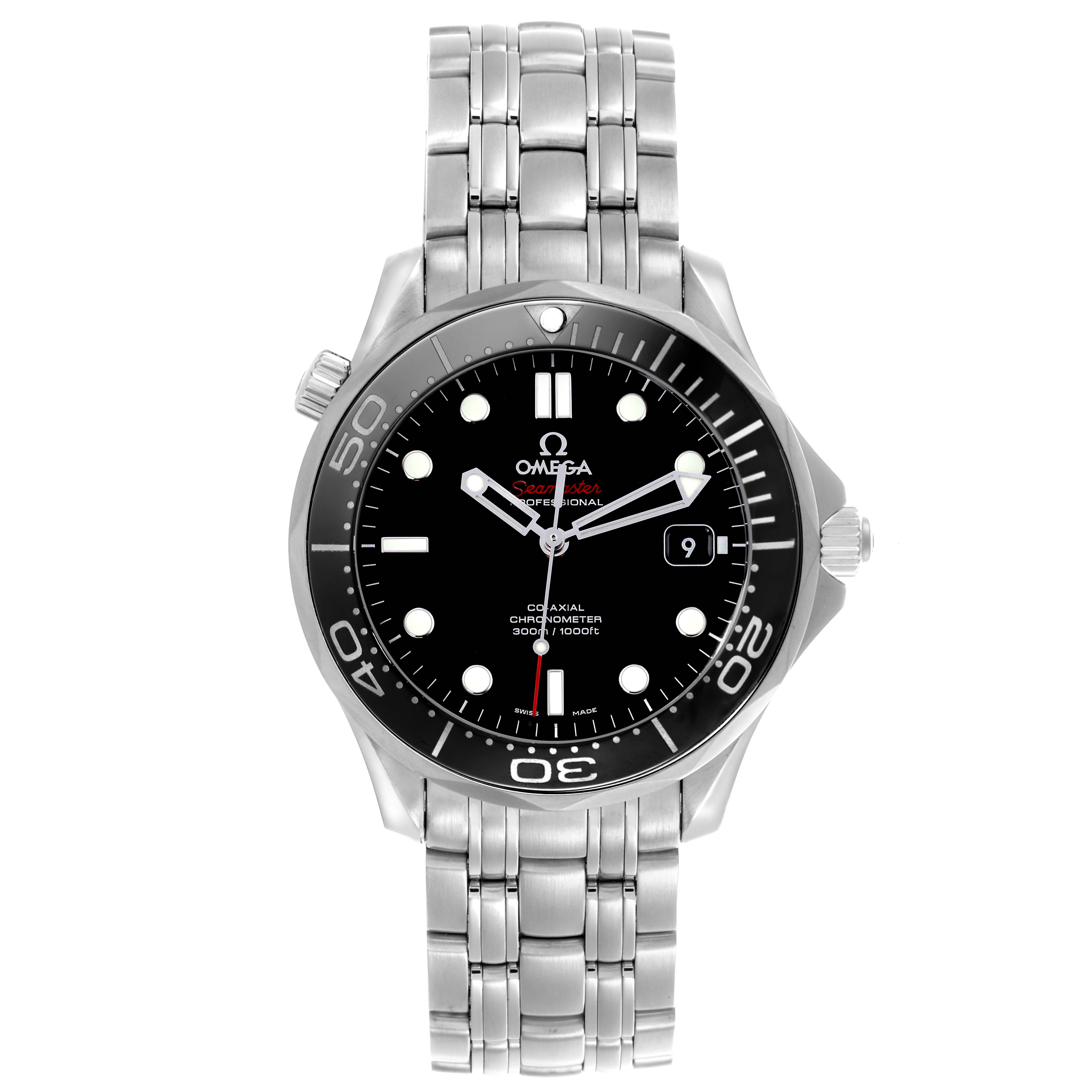 The Omega Seamaster 212.30.41.20.01.003 Men
s Stainless Steel Black Dial 212.30.41.20.01.003 Men
s Stainless Steel Black Dial watch is shown from a front angle, displaying the black dial, bezel, and stainless steel bracelet.