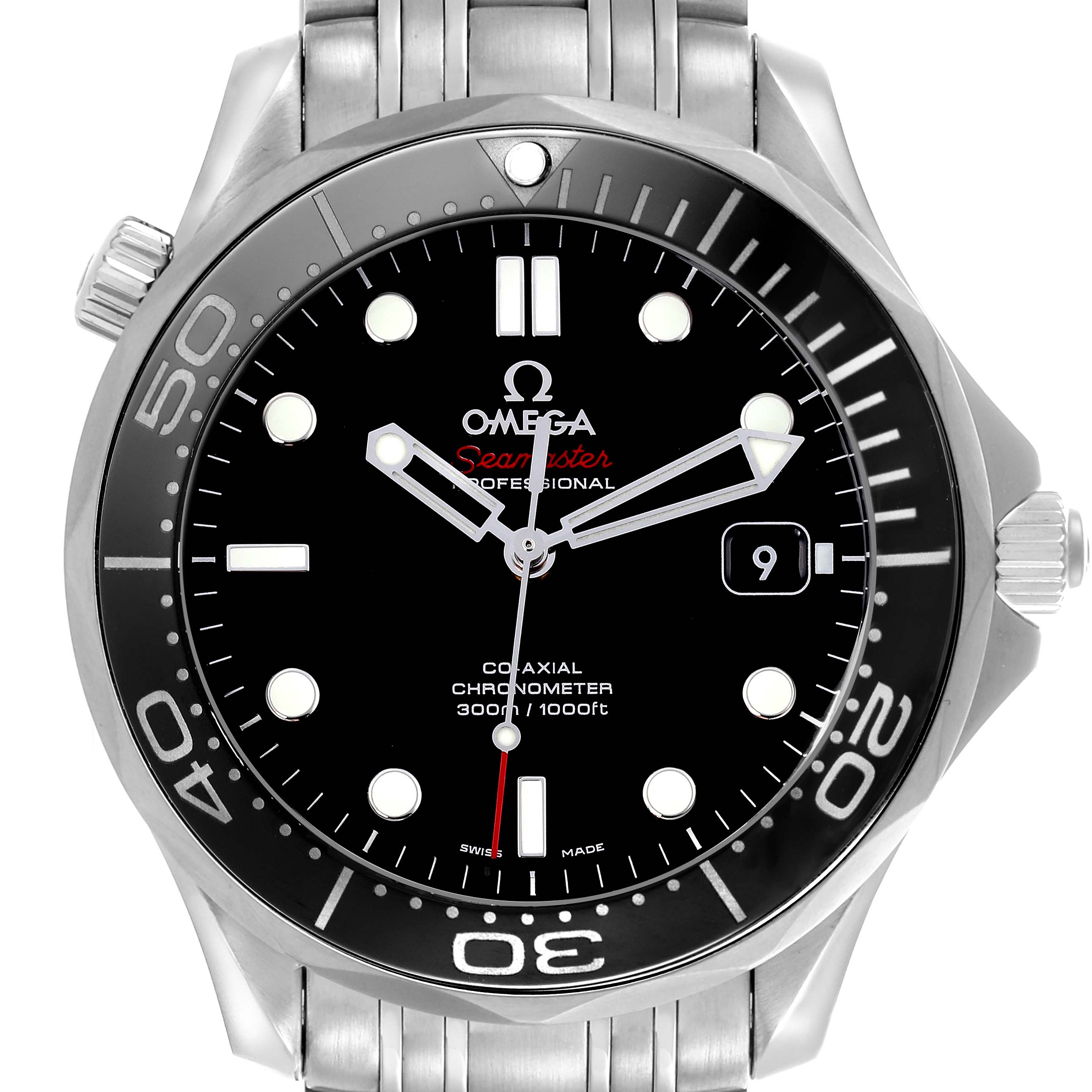The Omega Seamaster 212.30.41.20.01.003 Men
s Stainless Steel Black Dial 212.30.41.20.01.003 Men
s Stainless Steel Black Dial watch is shown from the front, highlighting the dial, bezel, and bracelet.