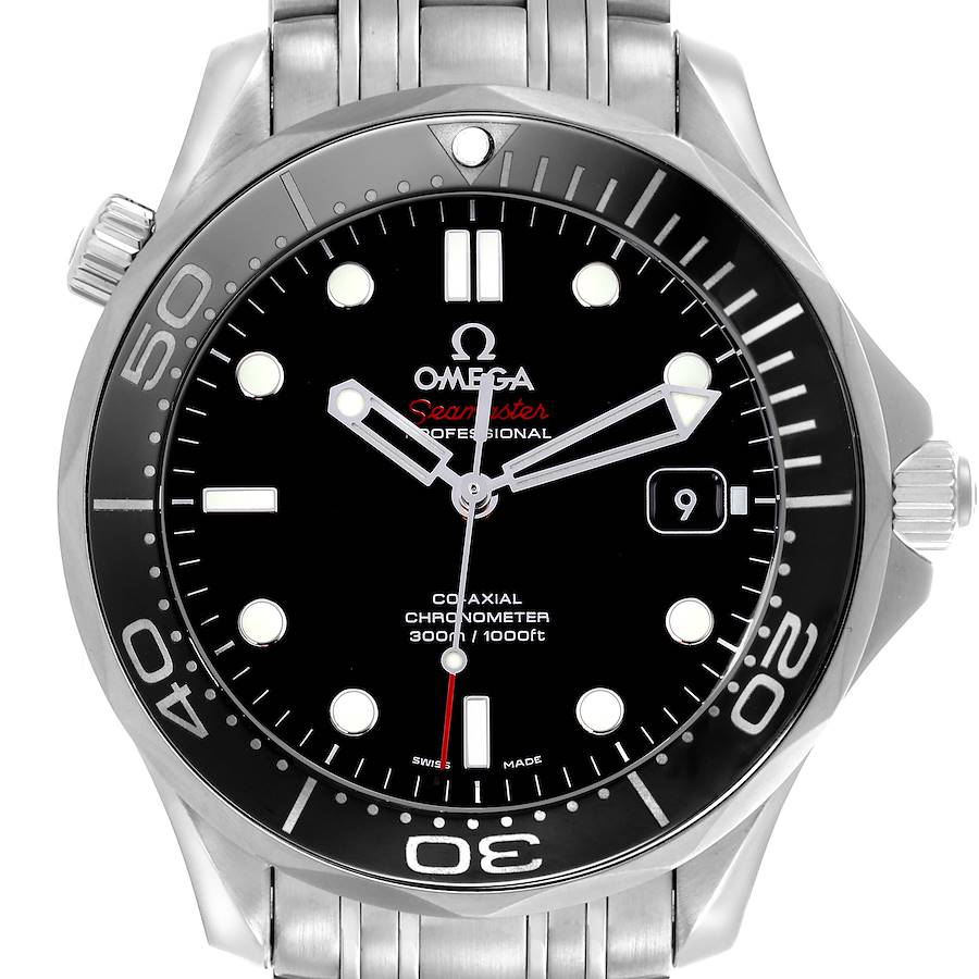 The Omega Seamaster watch is shown from the front, highlighting the dial, bezel, and bracelet.