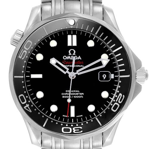 The Omega Seamaster watch is shown from the front, displaying the dial, bezel, and bracelet clearly.