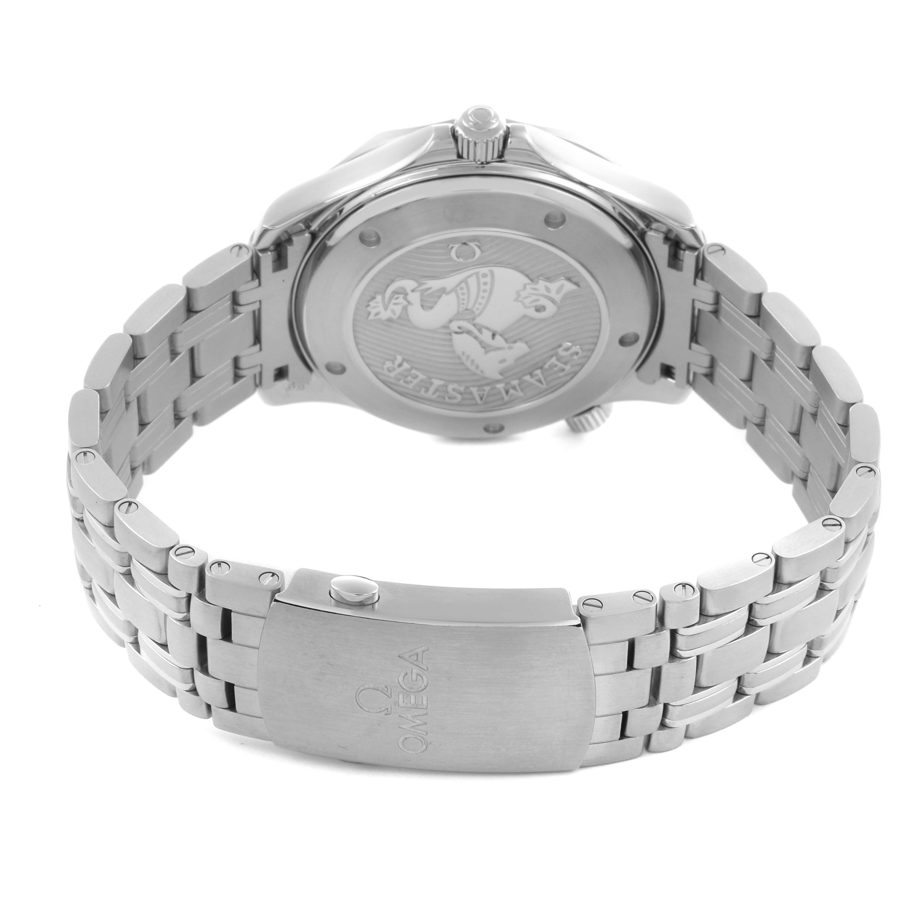 The Omega Seamaster 212.30.41.20.01.003 Men
s Stainless Steel Black Dial 212.30.41.20.01.003 Men
s Stainless Steel Black Dial watch is shown from the back, highlighting the case back, crown, and bracelet clasp.