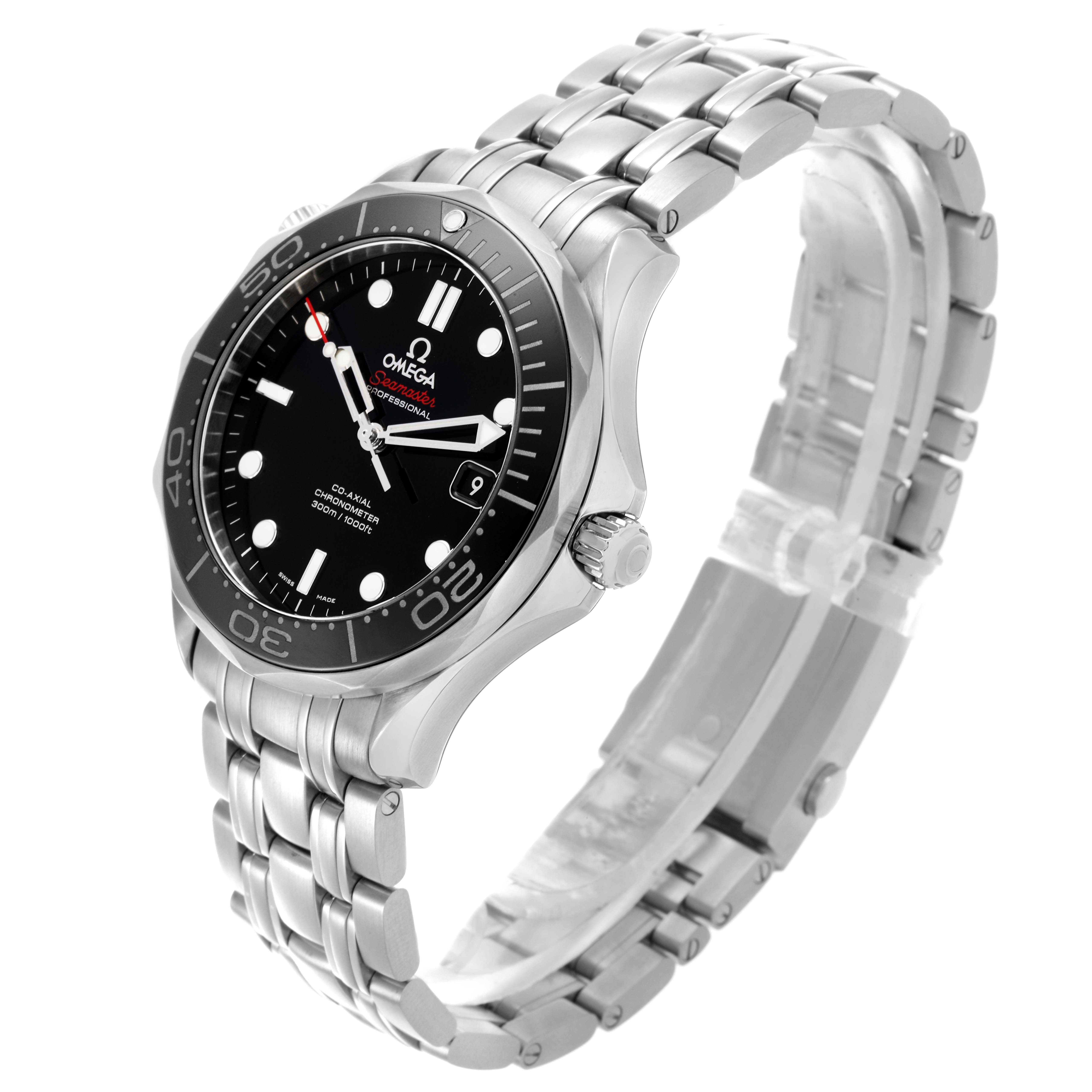 The image shows an angled view of the Omega Seamaster 212.30.41.20.01.003 Men
s Stainless Steel Black Dial 212.30.41.20.01.003 Men
s Stainless Steel Black Dial watch, highlighting the bezel, dial, crown, and bracelet.