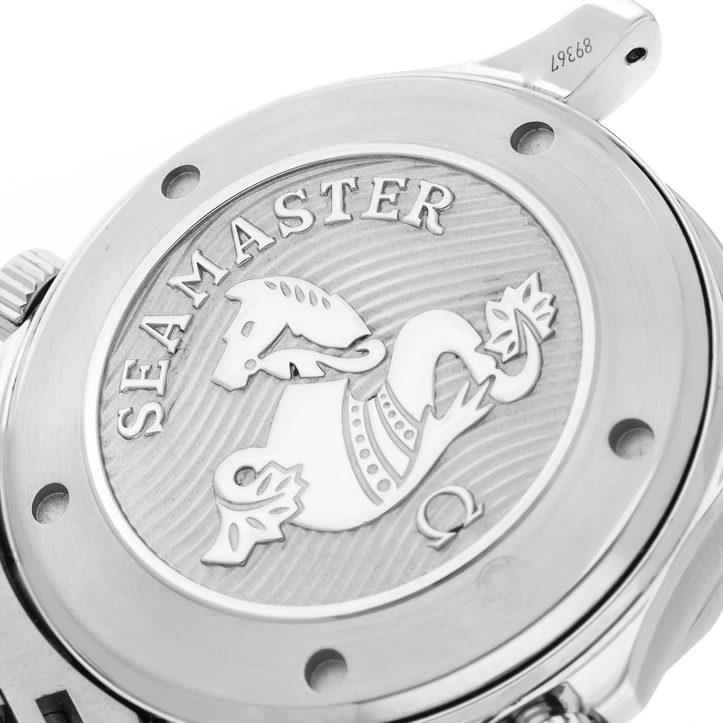 The image shows the back case of the Omega Seamaster 212.30.41.20.01.003 Men
s Stainless Steel Black Dial 212.30.41.20.01.003 Men
s Stainless Steel Black Dial watch with its engraved design.