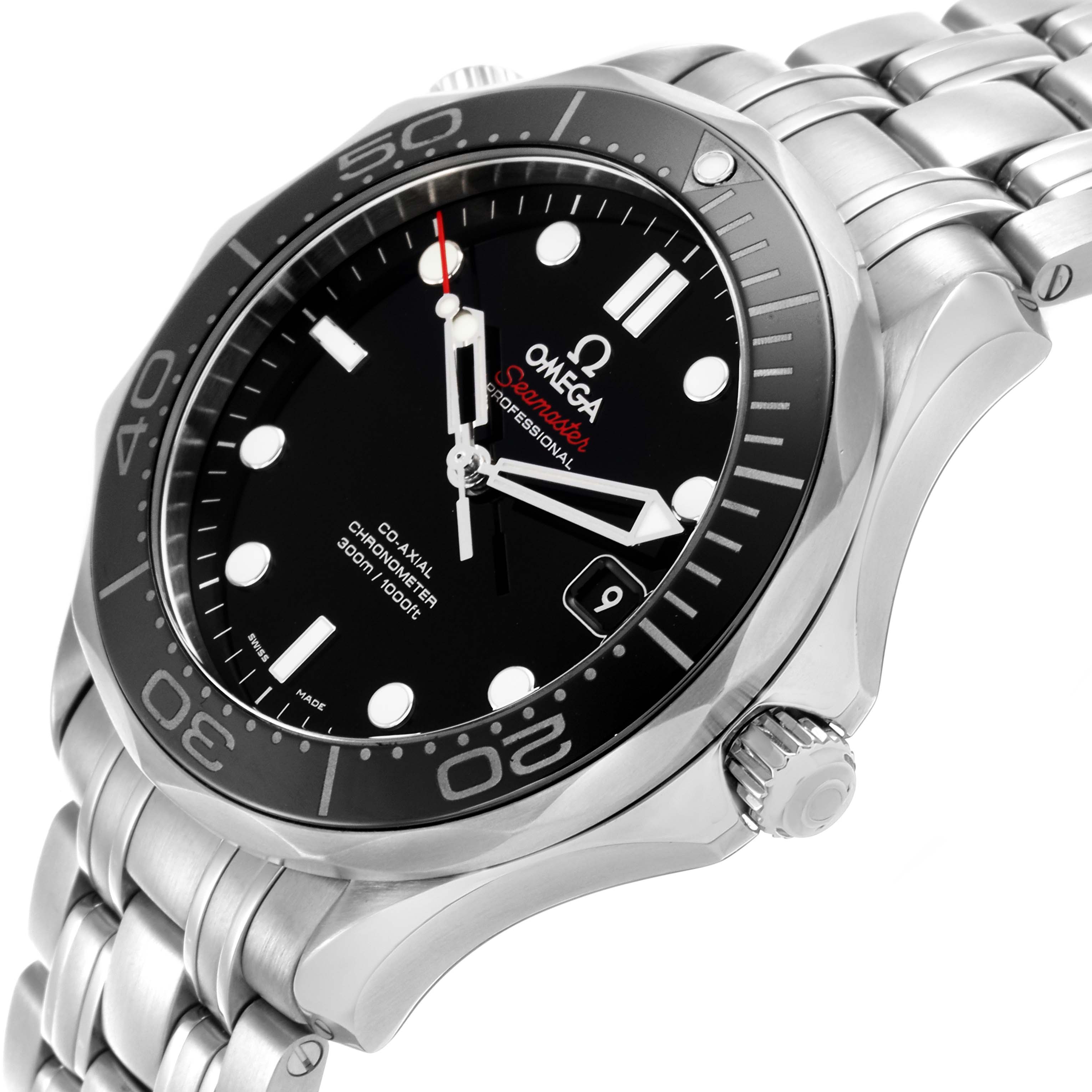 The Omega Seamaster 212.30.41.20.01.003 Men
s Stainless Steel Black Dial 212.30.41.20.01.003 Men
s Stainless Steel Black Dial is shown at a slight angle highlighting the face, bezel, crown, and part of the bracelet.