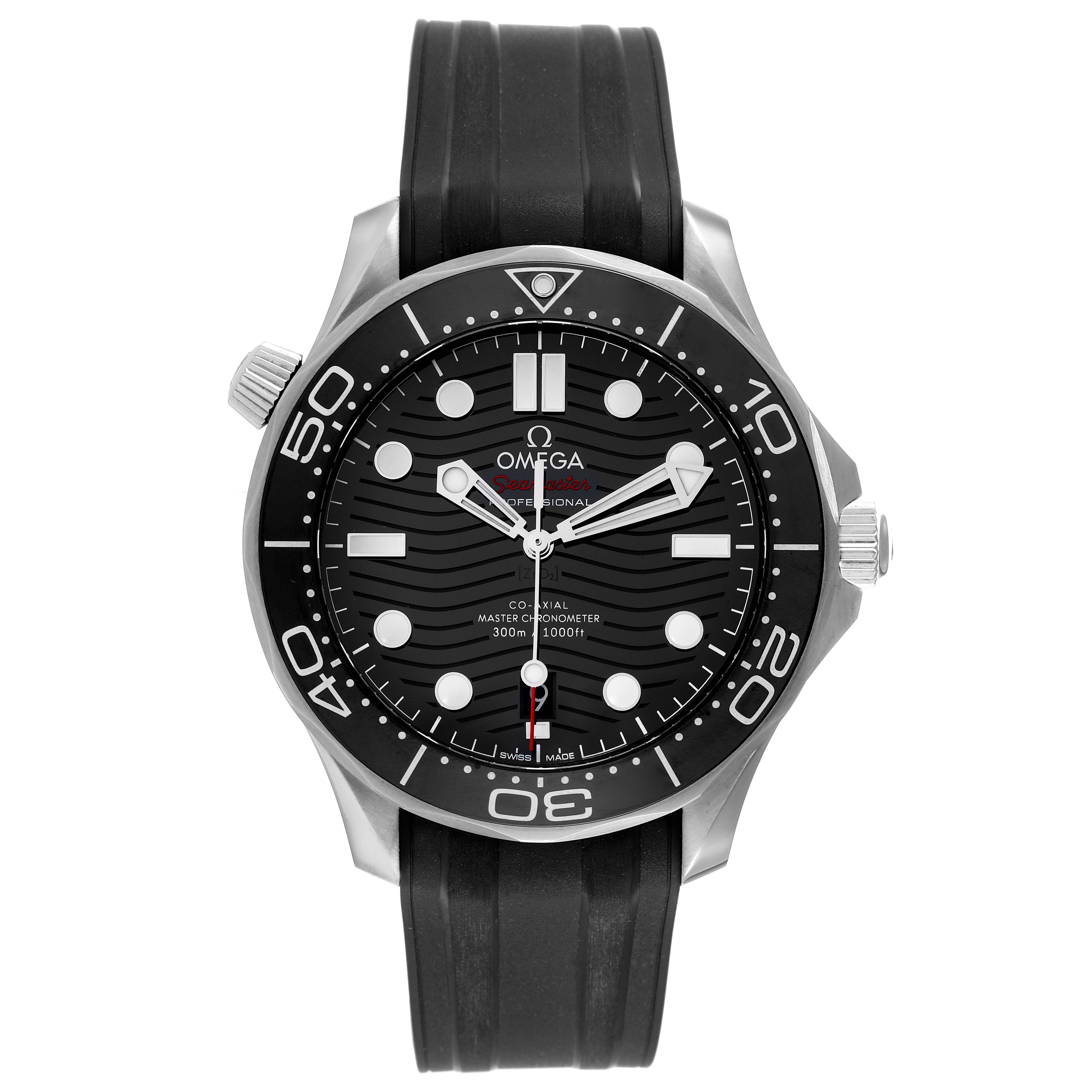 This image shows a front view of an Omega Seamaster 210.30.42.20.01.001 Men's Stainless Steel Black Dial 210.30.42.20.01.001 Men's Stainless Steel Black Dial watch, highlighting the dial, bezel, and rubber strap.