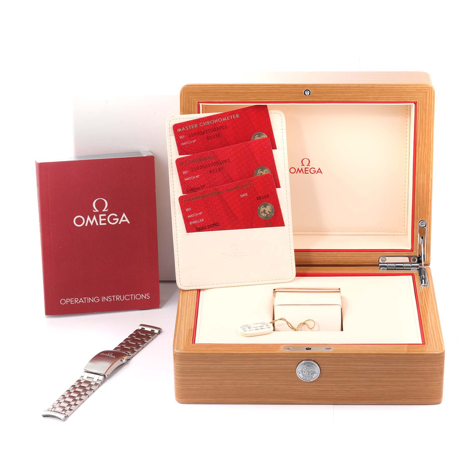 The image shows a wooden Omega Seamaster 210.30.42.20.01.001 Men's Stainless Steel Black Dial 210.30.42.20.01.001 Men's Stainless Steel Black Dial watch box, an operating manual, warranty cards, and a metal bracelet.