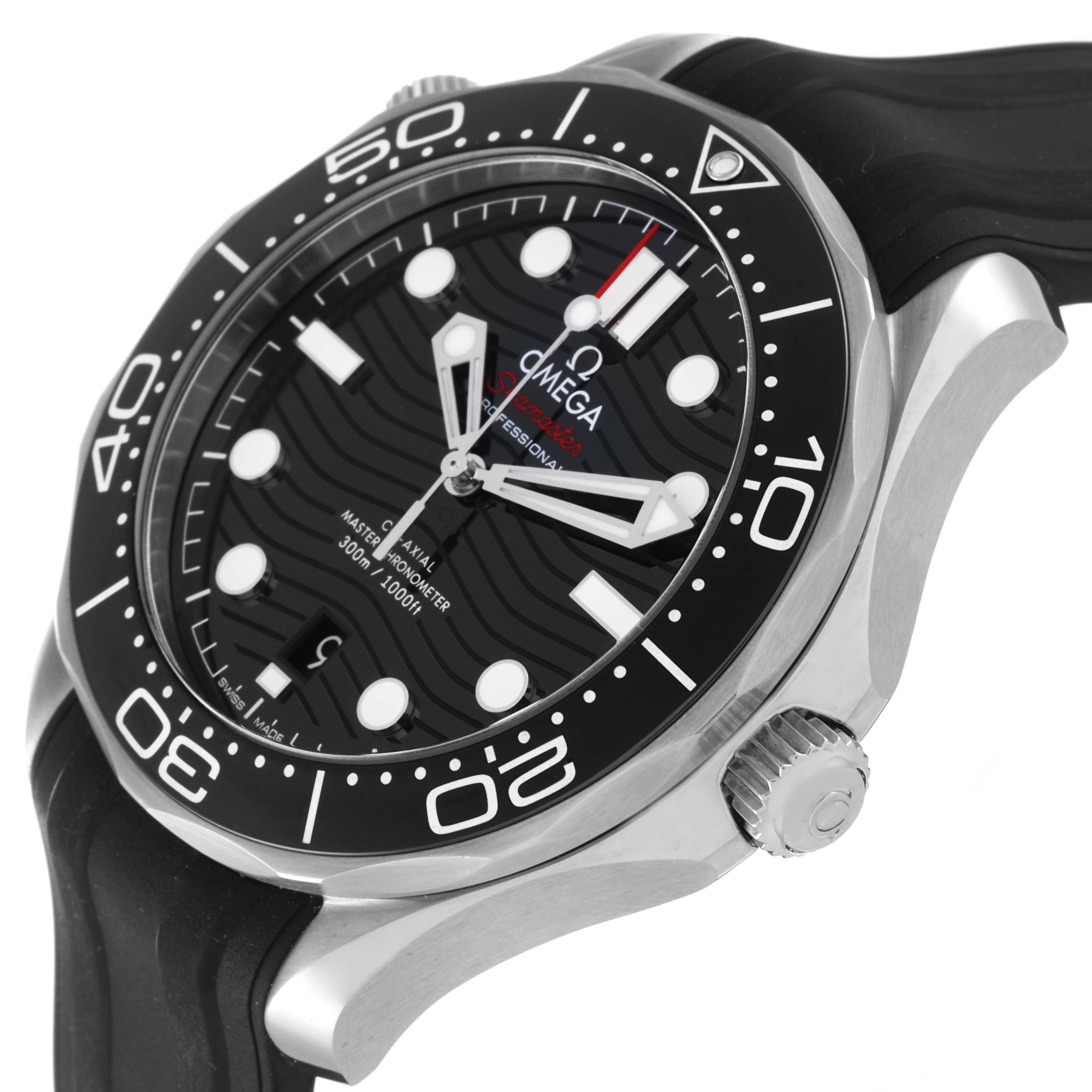 The image shows a close-up angled view of an Omega Seamaster 210.30.42.20.01.001 Men's Stainless Steel Black Dial 210.30.42.20.01.001 Men's Stainless Steel Black Dial watch, focusing on the watch face, bezel, crown, and part of the strap.