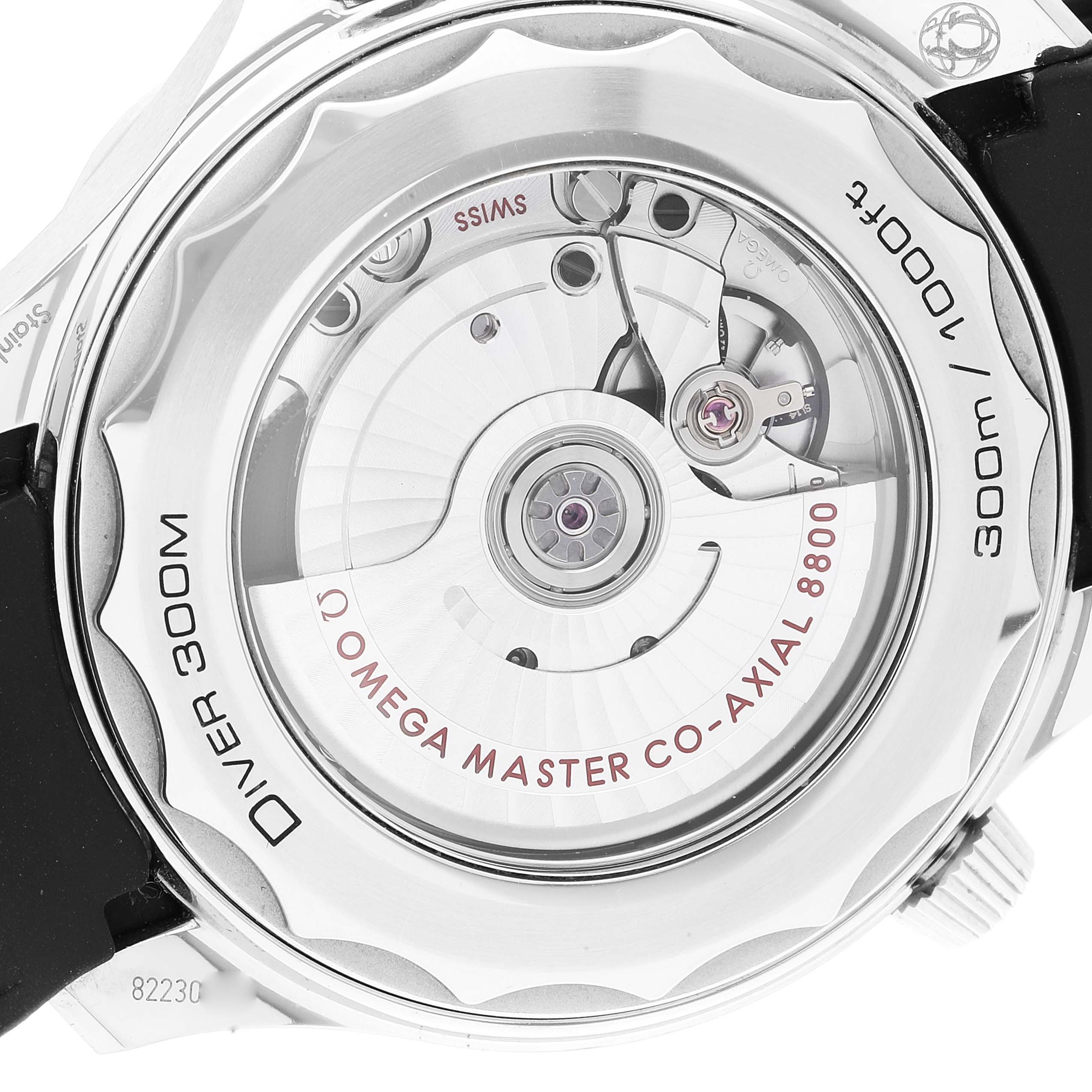 The image shows the back view of an Omega Seamaster 210.30.42.20.01.001 Men's Stainless Steel Black Dial 210.30.42.20.01.001 Men's Stainless Steel Black Dial watch, highlighting the movement and labeling.