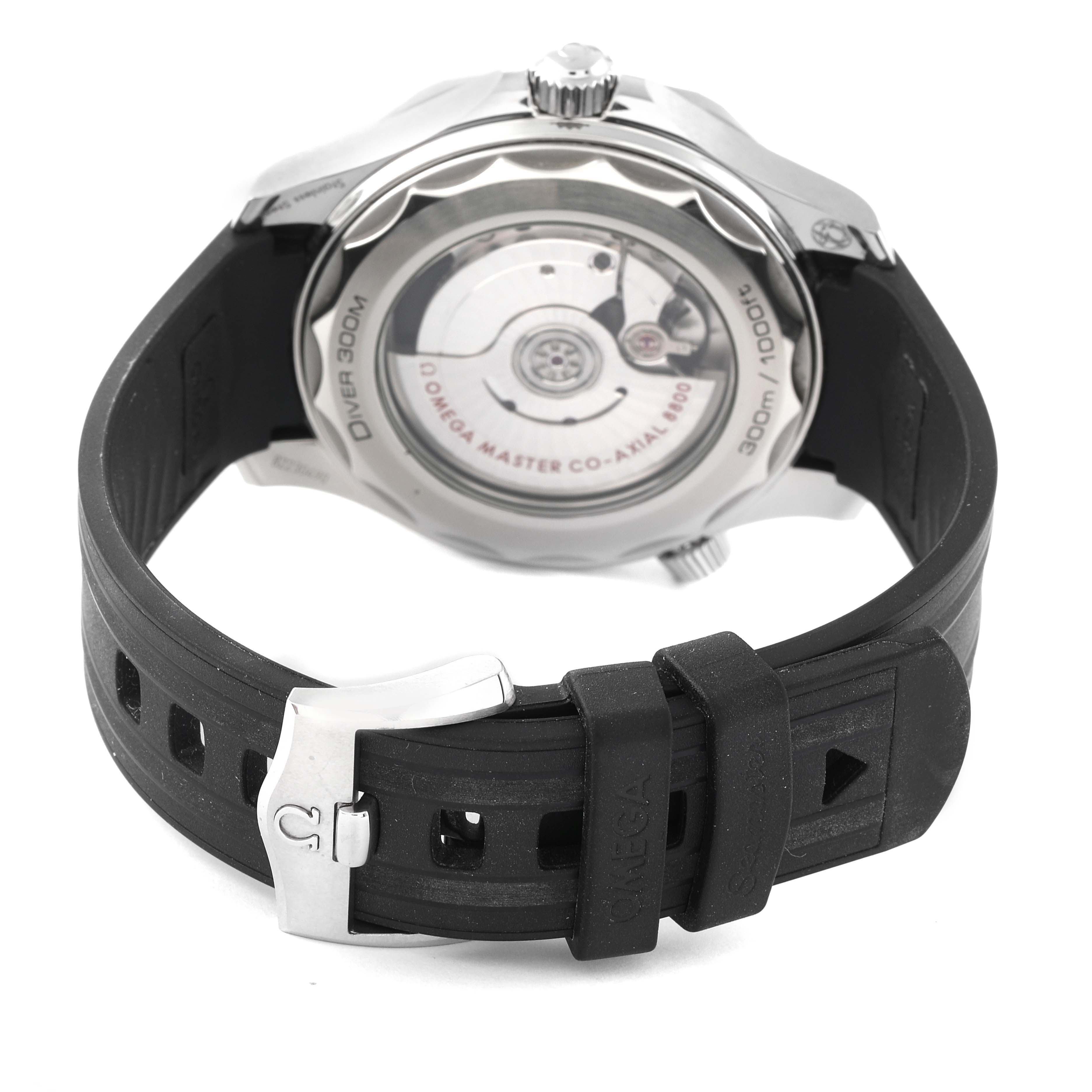 The image shows the back view of an Omega Seamaster 210.30.42.20.01.001 Men's Stainless Steel Black Dial 210.30.42.20.01.001 Men's Stainless Steel Black Dial watch, highlighting the rubber strap and the transparent case back.