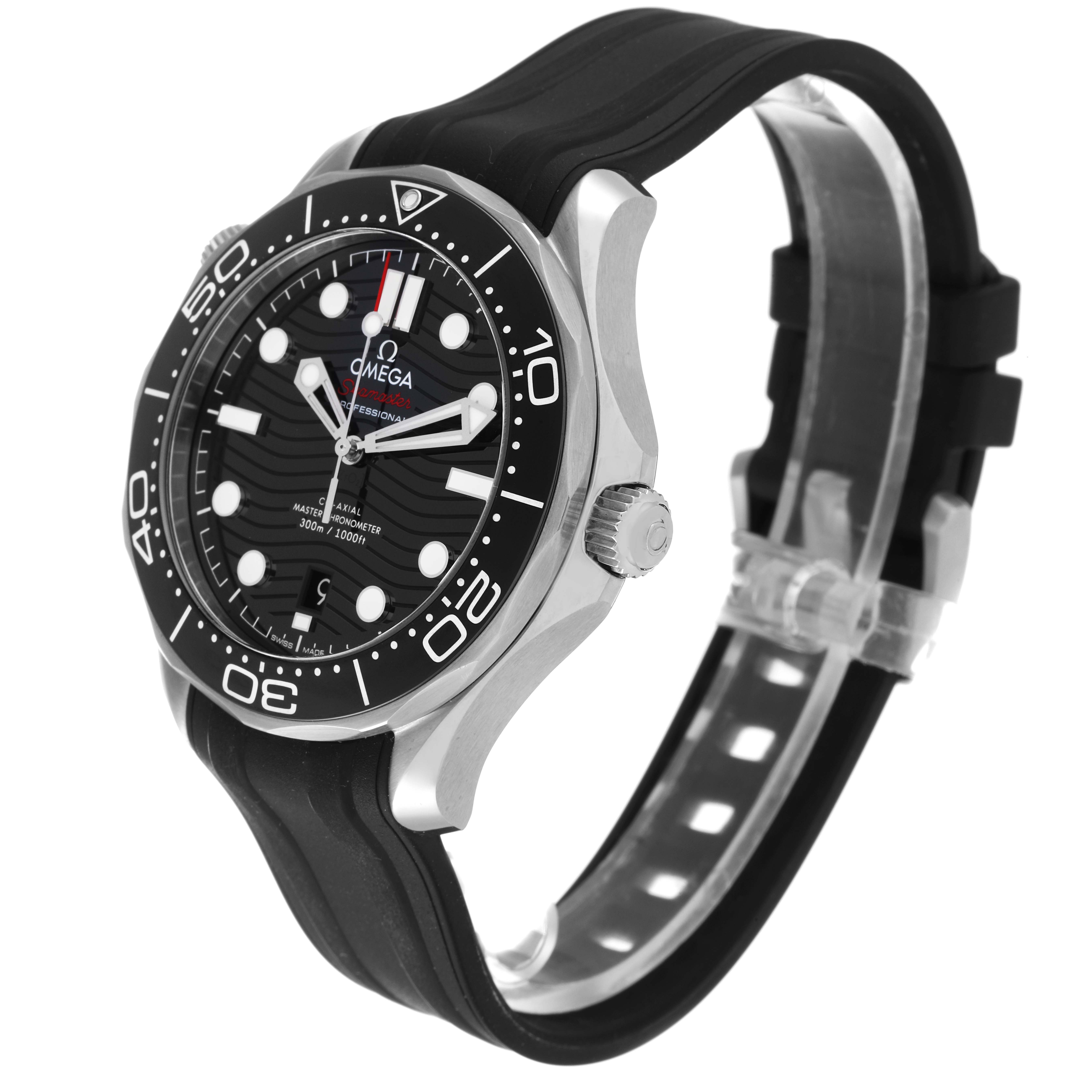 The image shows the Omega Seamaster 210.30.42.20.01.001 Men's Stainless Steel Black Dial 210.30.42.20.01.001 Men's Stainless Steel Black Dial watch at a three-quarter angle, highlighting the face, bezel, crown, and rubber strap.