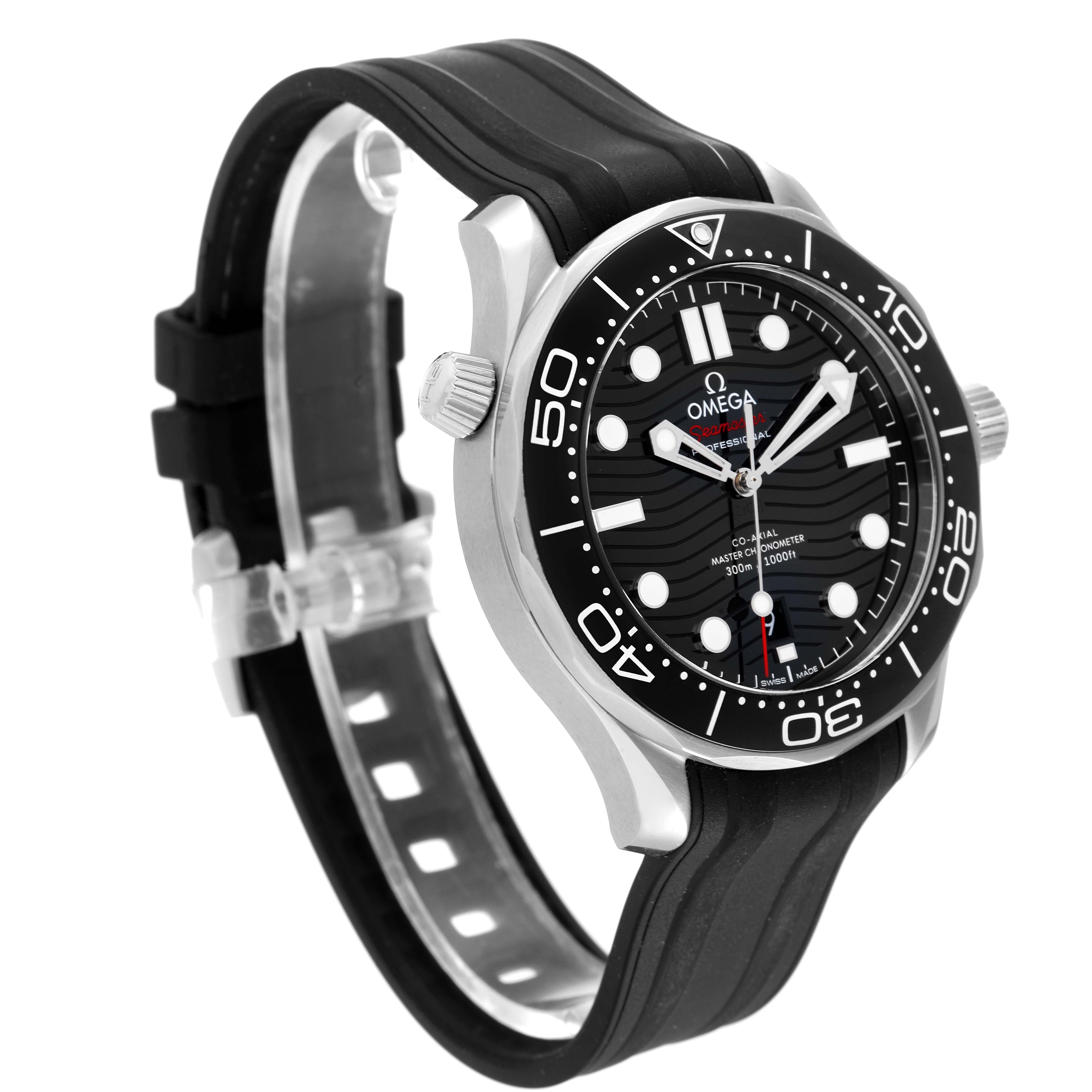 The Omega Seamaster 210.30.42.20.01.001 Men's Stainless Steel Black Dial 210.30.42.20.01.001 Men's Stainless Steel Black Dial watch is shown at a 3/4 angle, highlighting its black dial, bezel, and rubber strap.