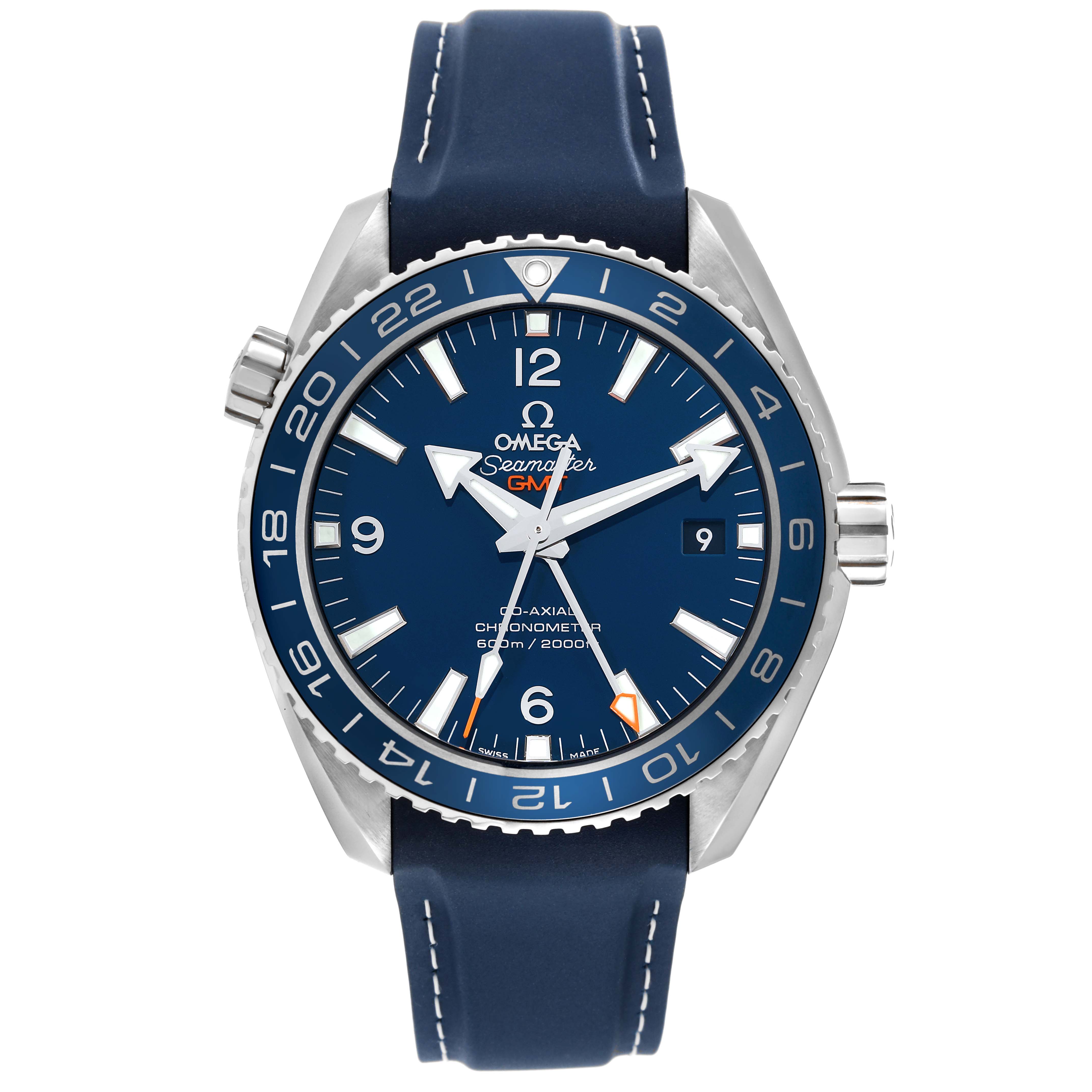 The image shows a front view of the Omega Planet Ocean 232.92.44.22.03.001 Men
s Titanium Blue Dial 232.92.44.22.03.001 Men
s Titanium Blue Dial watch, displaying its blue dial and leather strap.