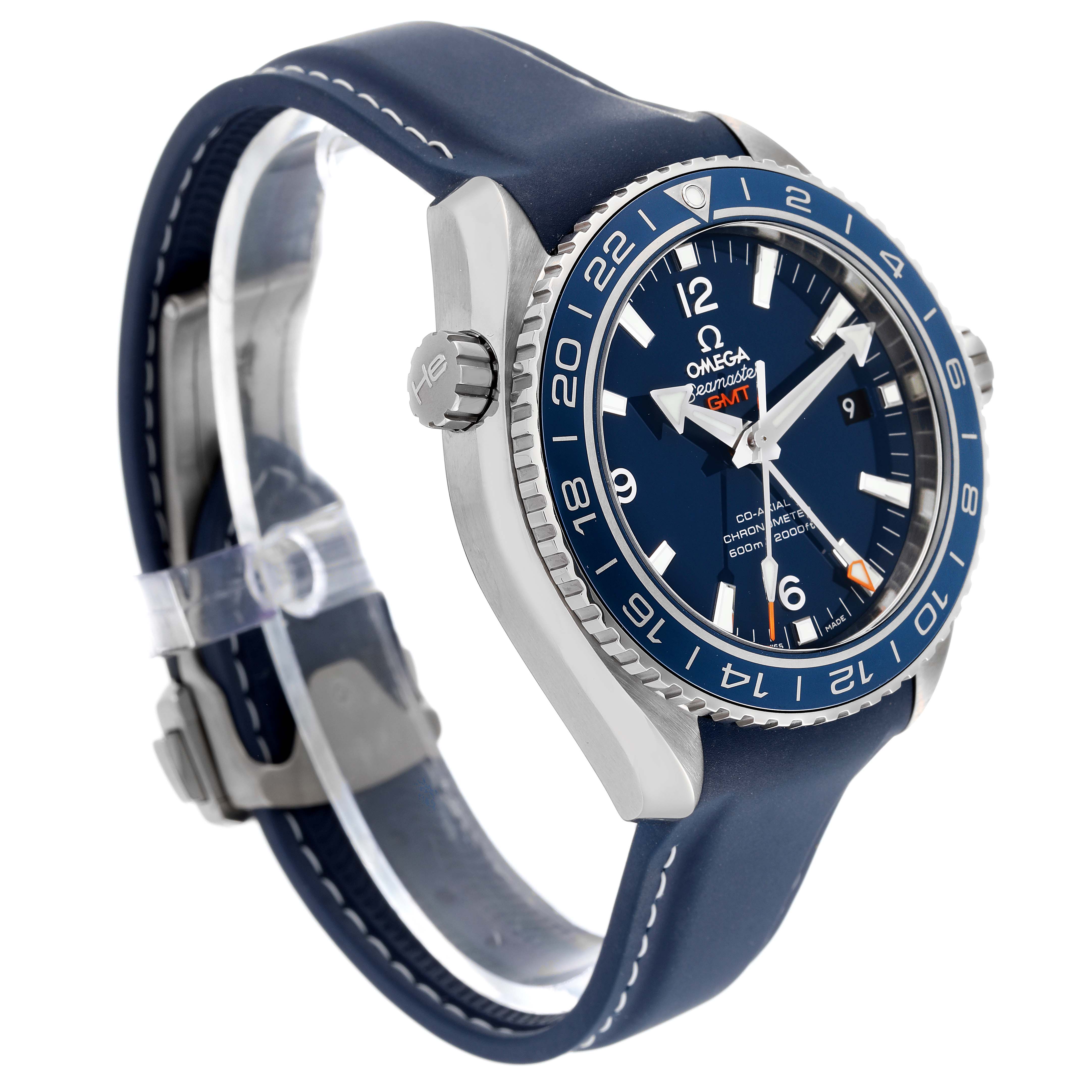 The image shows an angled view of an Omega Planet Ocean 232.92.44.22.03.001 Men
s Titanium Blue Dial 232.92.44.22.03.001 Men
s Titanium Blue Dial watch, highlighting the blue dial, bezel, and strap with white stitching.