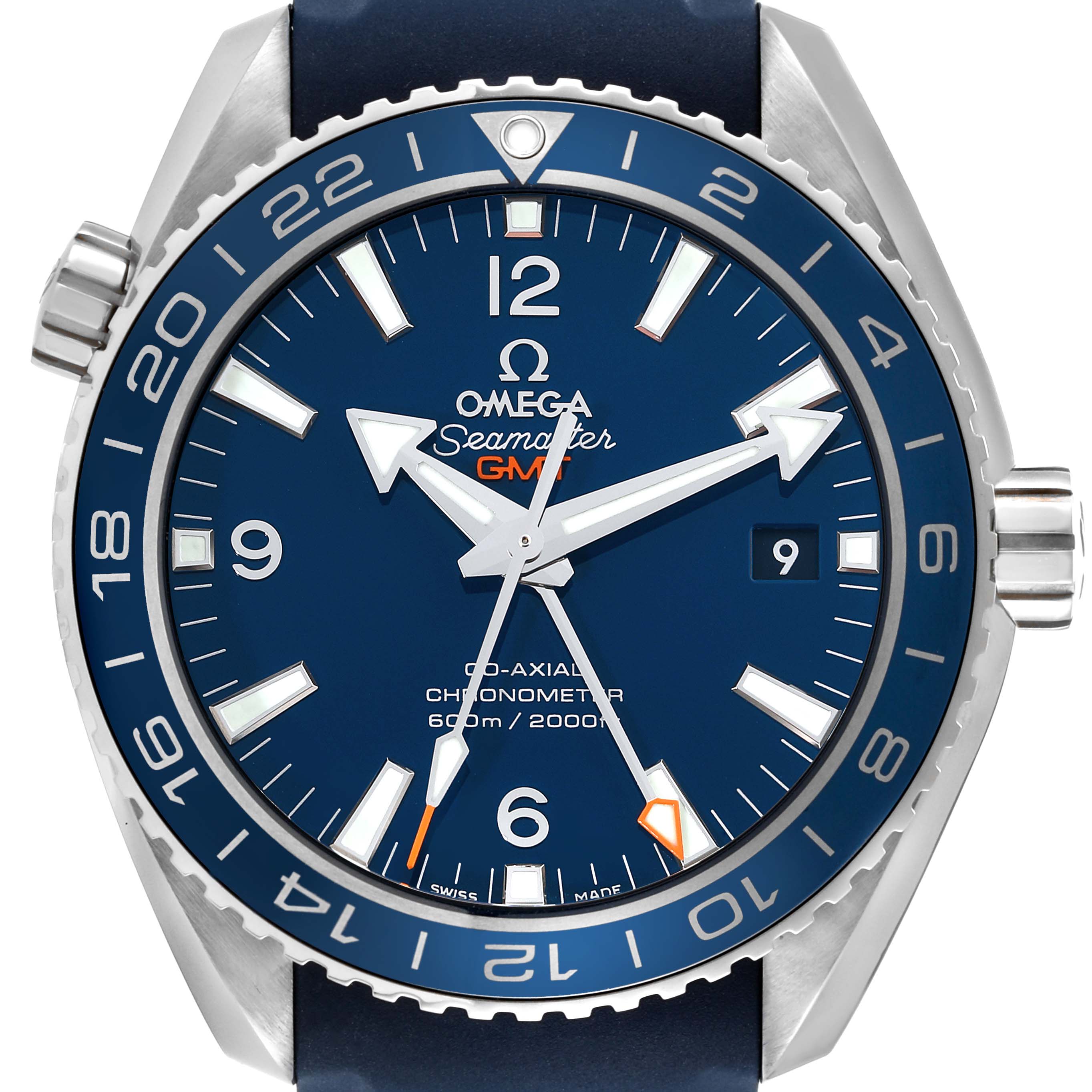 This is a front-facing view of the Omega Seamaster Planet Ocean model, showcasing the dial, bezel, and crown.