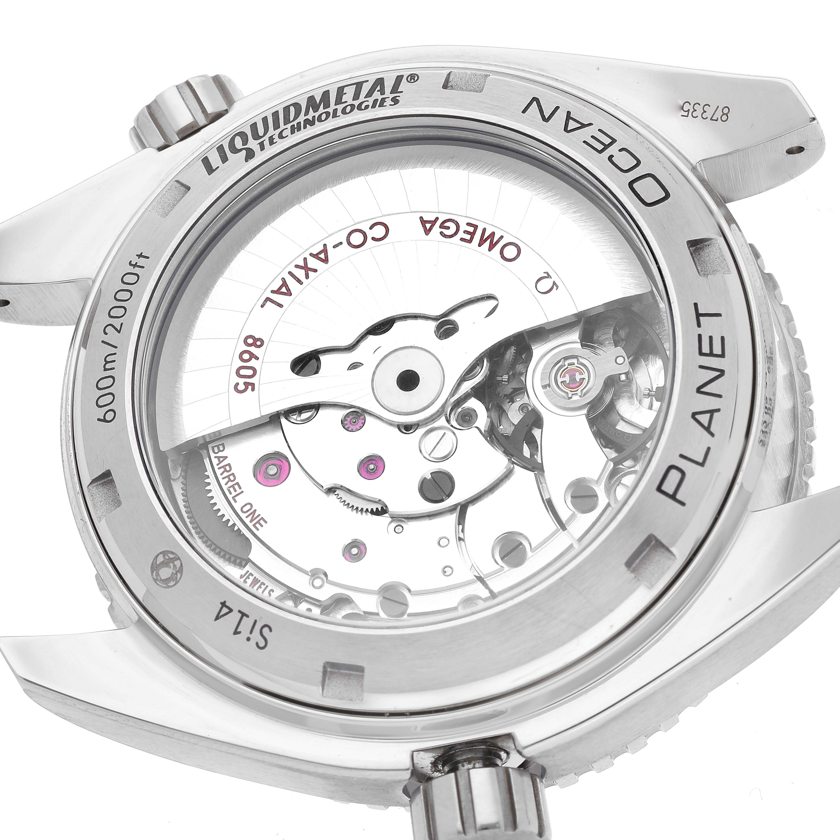 The image shows the Omega Planet Ocean 232.92.44.22.03.001 Men
s Titanium Blue Dial 232.92.44.22.03.001 Men
s Titanium Blue Dial watch from a back angle, highlighting its transparent case back and internal mechanism.