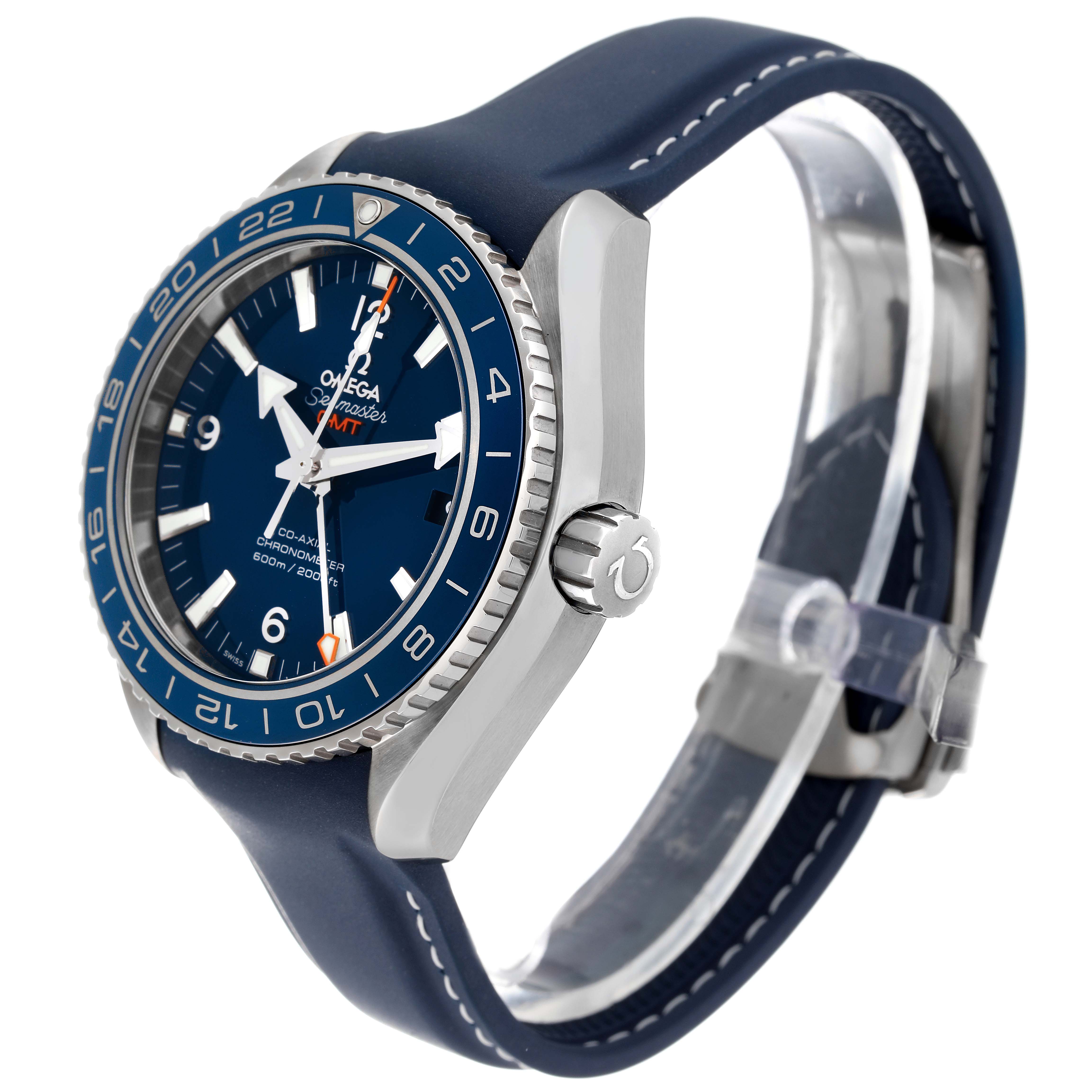 The image shows an angled side view of an Omega Planet Ocean 232.92.44.22.03.001 Men
s Titanium Blue Dial 232.92.44.22.03.001 Men
s Titanium Blue Dial watch, displaying the case, dial, bezel, crown, and strap.