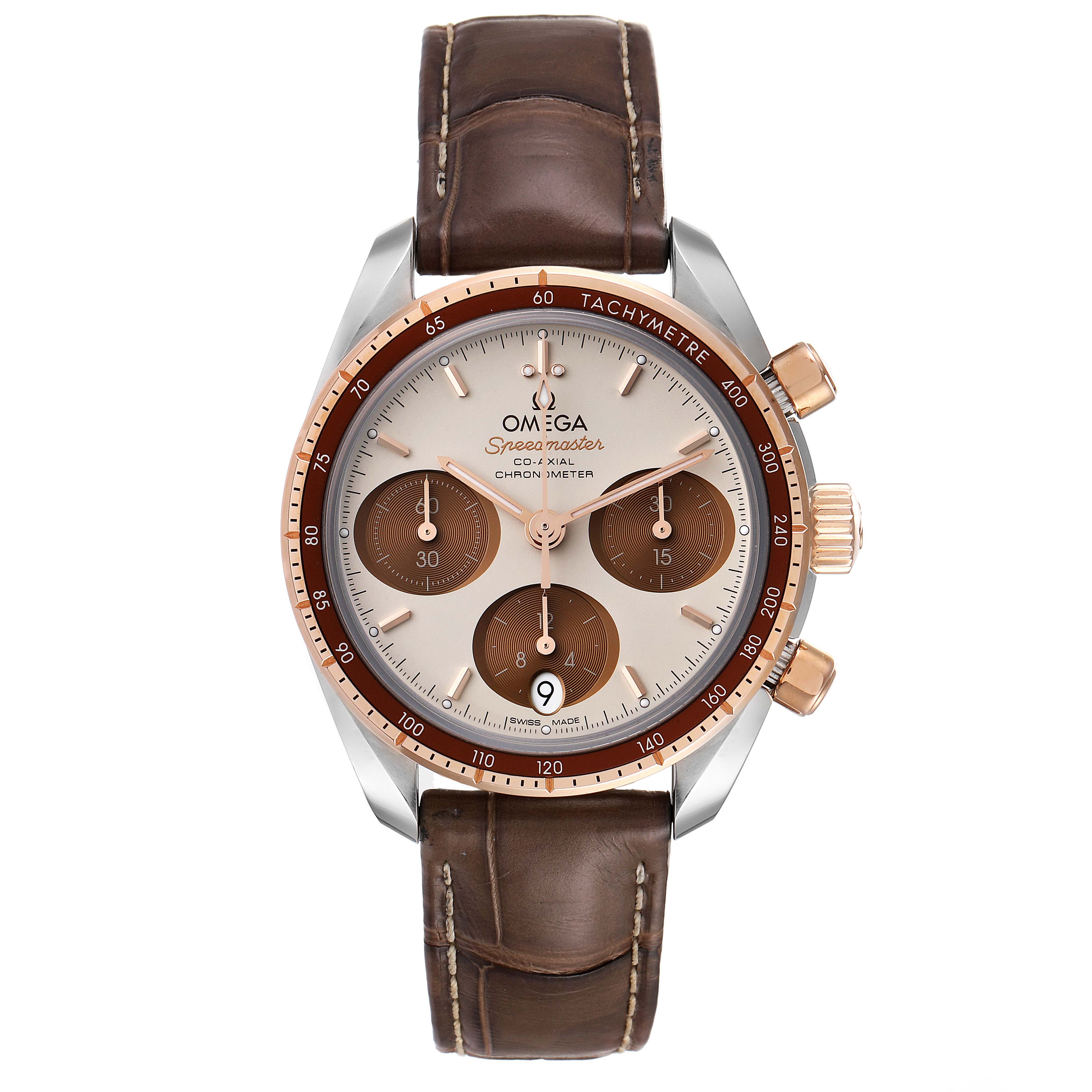 The image shows a front view of an Omega Speedmaster 324.23.38.50.02.002 Men's Steel and Gold (two tone) Silver Dial 324.23.38.50.02.002 Men's Steel and Gold (two tone) Silver Dial watch with a brown leather strap and rose gold accents.