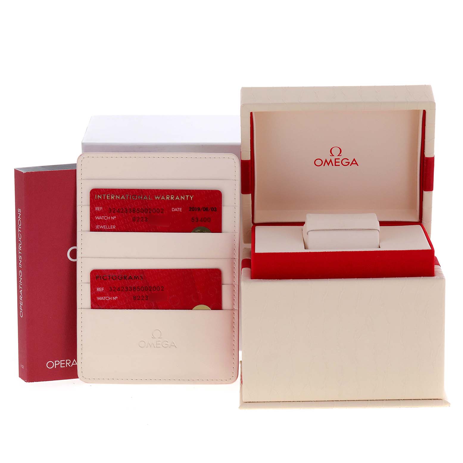 The image shows the box, international warranty card, and instruction manual for an Omega Speedmaster 324.23.38.50.02.002 Men's Steel and Gold (two tone) Silver Dial 324.23.38.50.02.002 Men's Steel and Gold (two tone) Silver Dial watch.