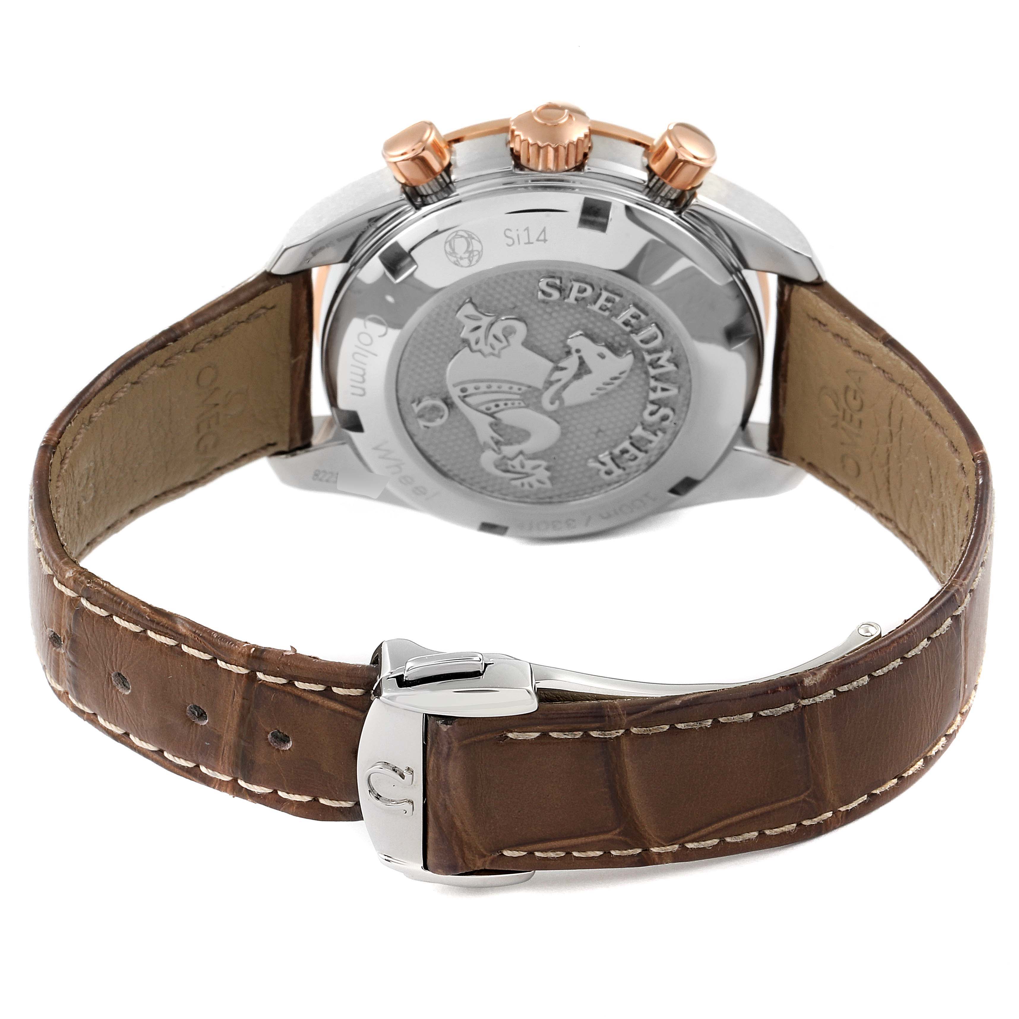 The image shows the back view of the Omega Speedmaster 324.23.38.50.02.002 Men's Steel and Gold (two tone) Silver Dial 324.23.38.50.02.002 Men's Steel and Gold (two tone) Silver Dial watch, highlighting the case back, crown, and leather strap with buckle.