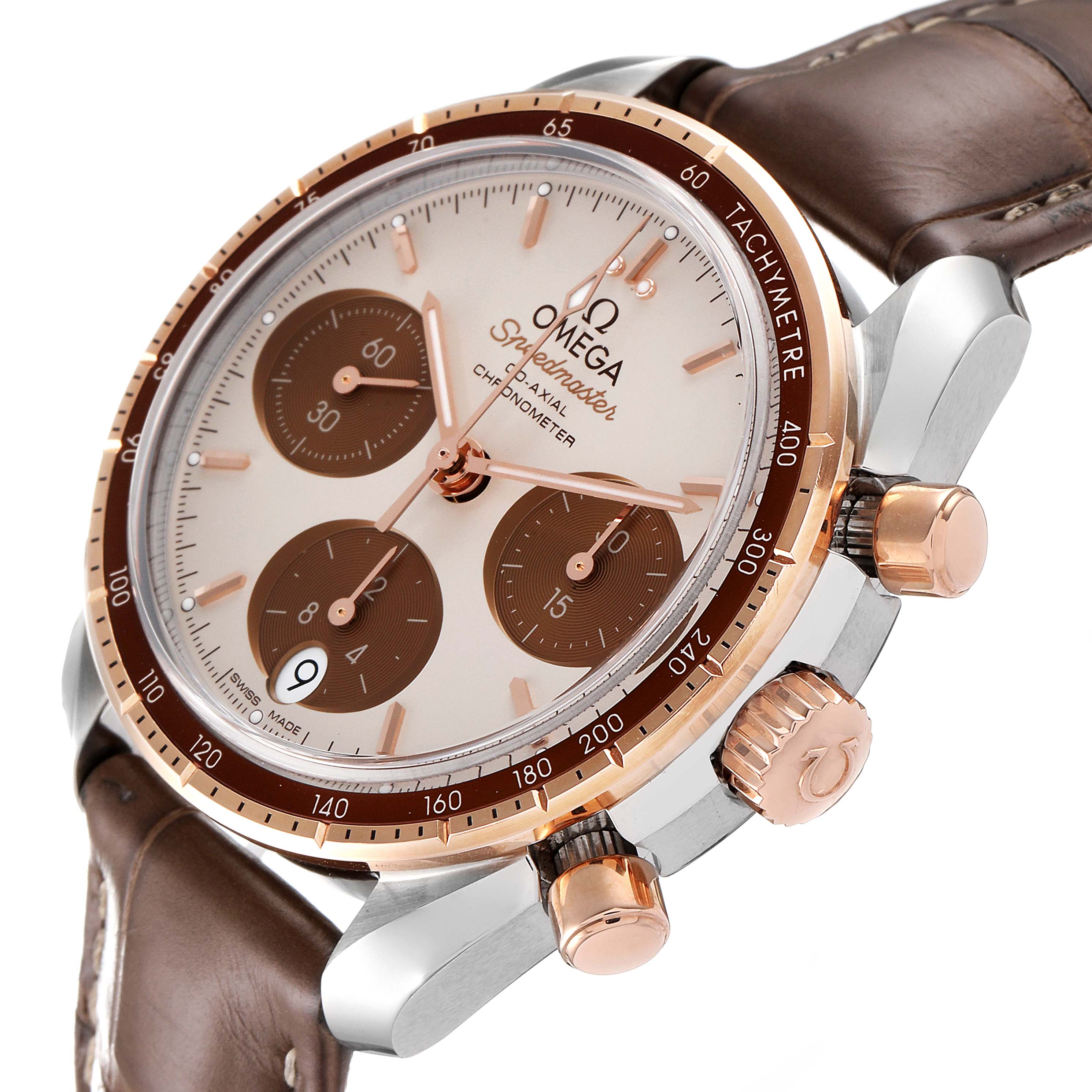 The image shows an angled view of the Omega Speedmaster 324.23.38.50.02.002 Men's Steel and Gold (two tone) Silver Dial 324.23.38.50.02.002 Men's Steel and Gold (two tone) Silver Dial watch, highlighting its dial, chronograph subdials, case, and crown.