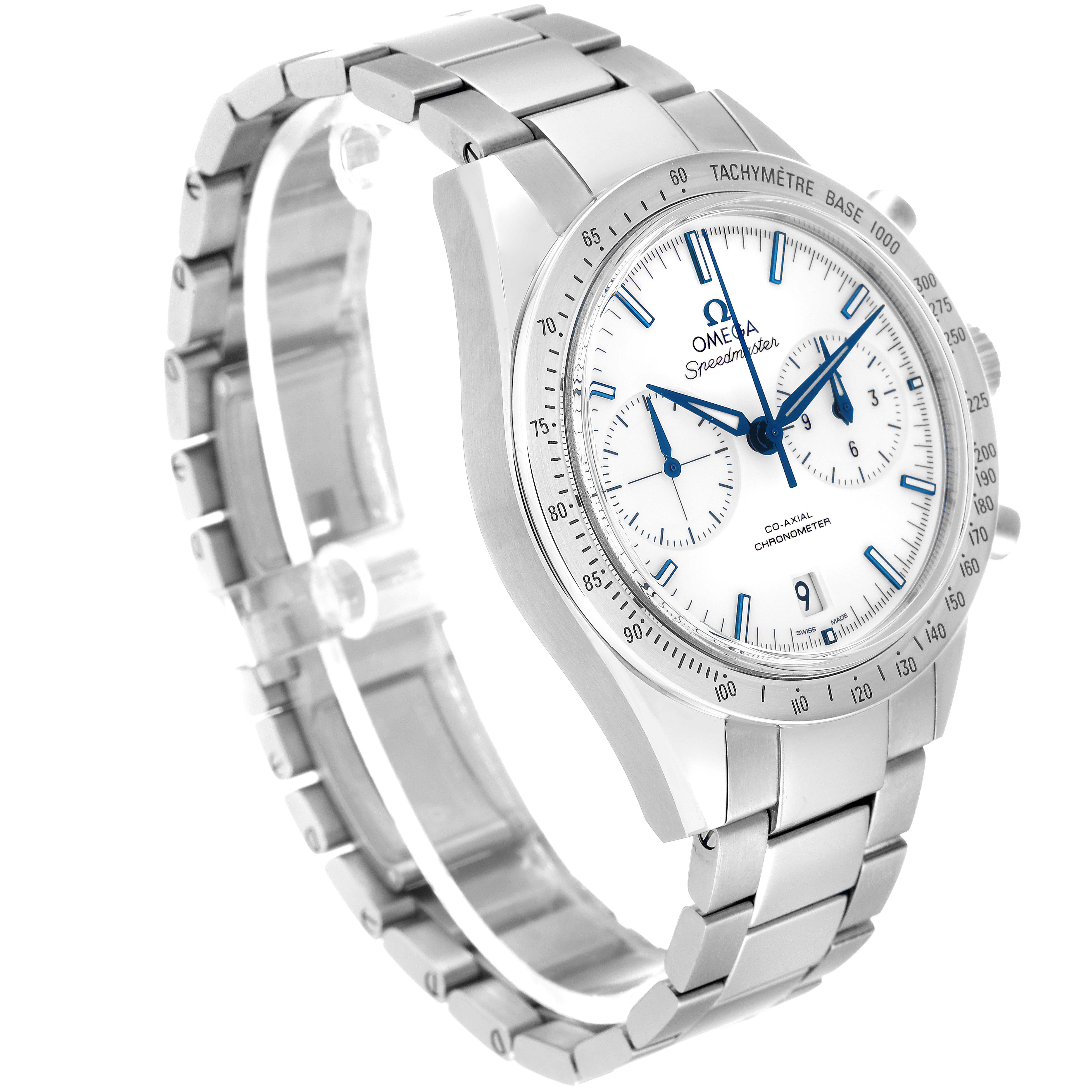 The Omega Speedmaster 331.90.42.51.04.001 Men's Stainless Steel White Dial 331.90.42.51.04.001 Men's Stainless Steel White Dial watch is shown at a three-quarter angle, highlighting its bracelet, bezel, and face with tachymeter scale.
