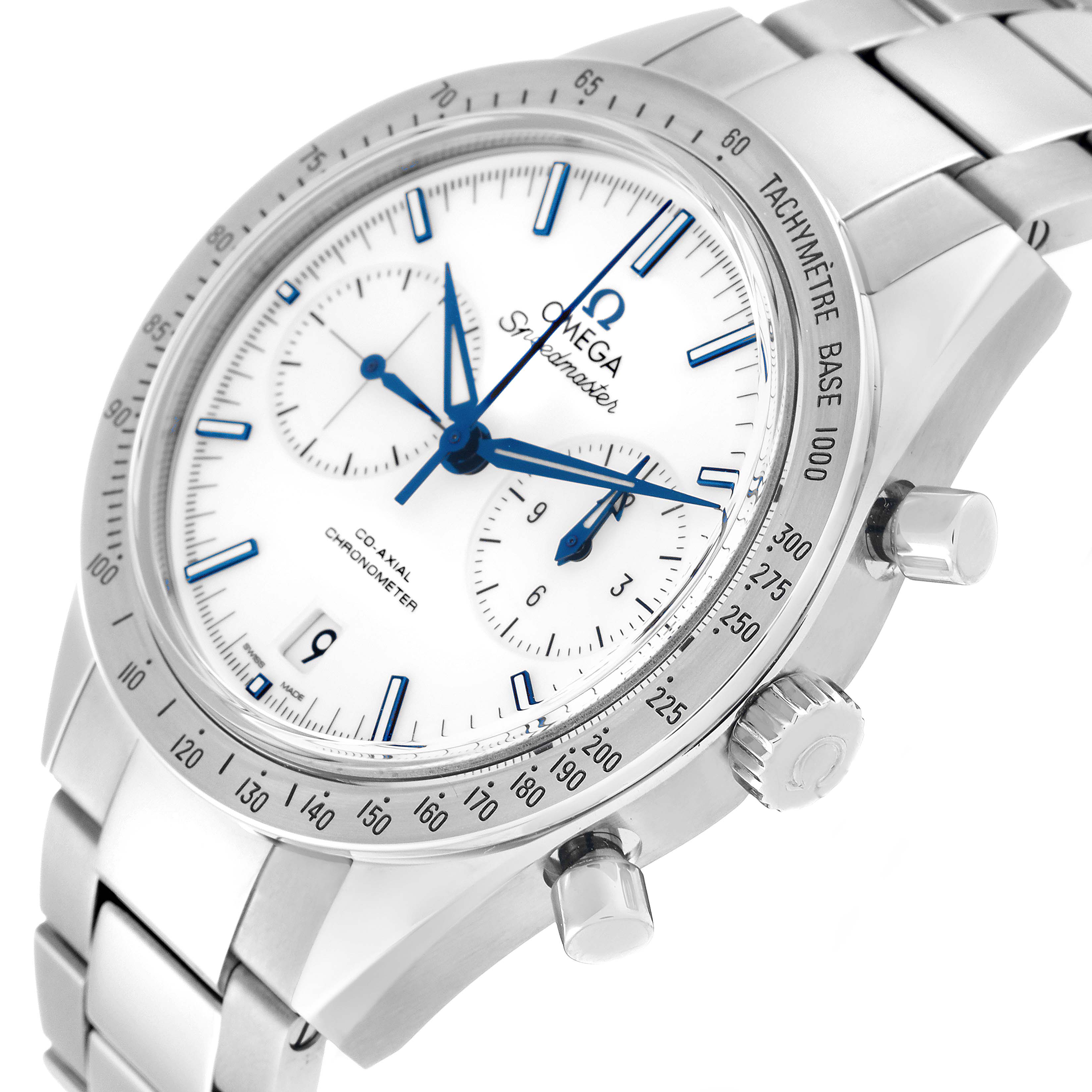 The image shows an angled view of the Omega Speedmaster 331.90.42.51.04.001 Men's Stainless Steel White Dial 331.90.42.51.04.001 Men's Stainless Steel White Dial, featuring its face, bezel, pushers, and steel bracelet.