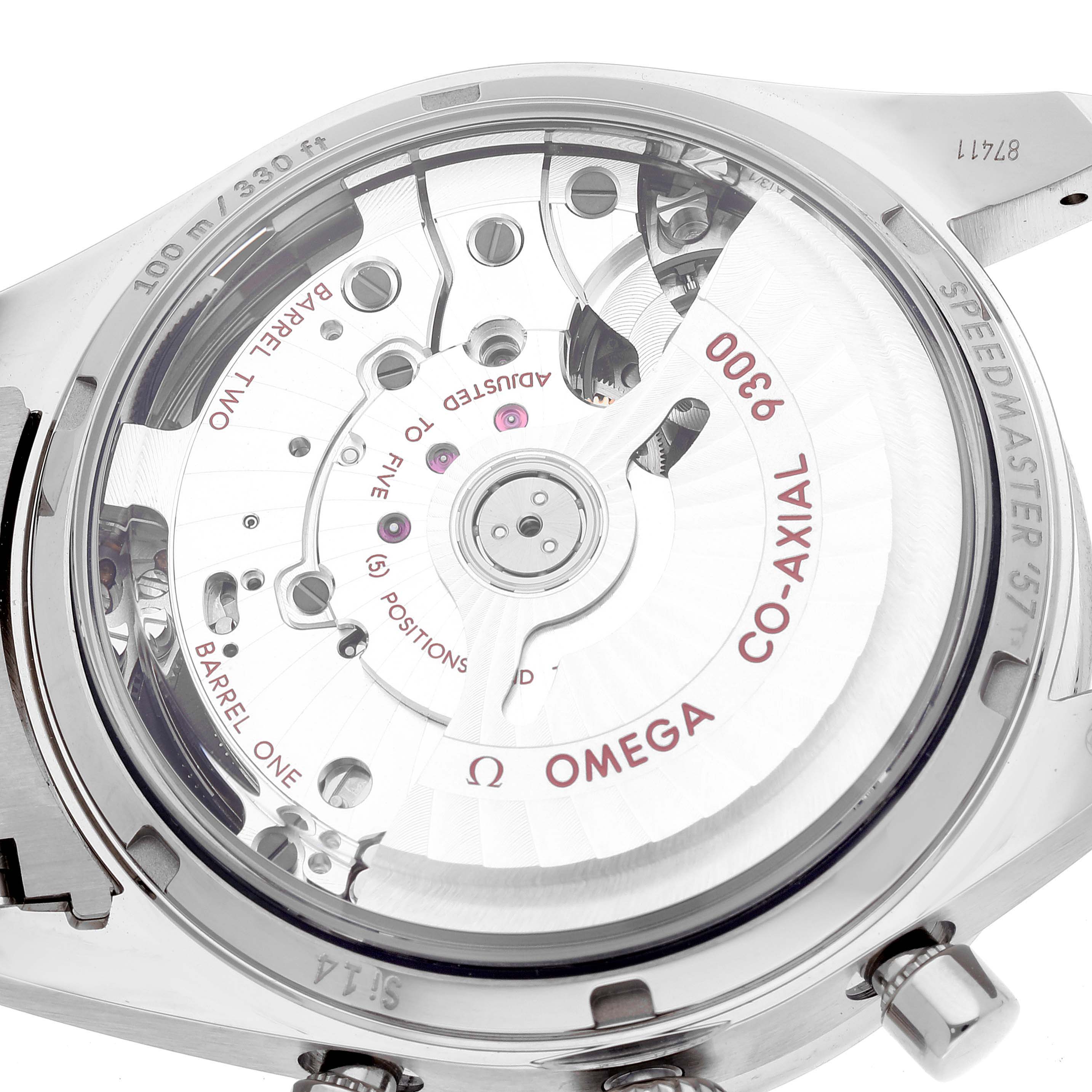 The image shows the case back and movement of the Omega Speedmaster 331.90.42.51.04.001 Men's Stainless Steel White Dial 331.90.42.51.04.001 Men's Stainless Steel White Dial watch, displaying the Co-Axial mechanism.